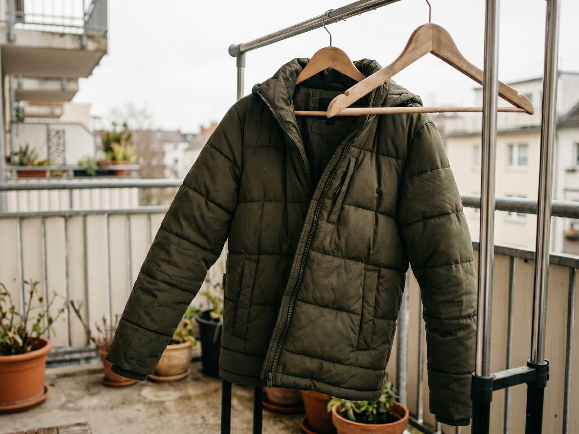 Eine Winterjacke h&auml;ngt nach dem L&uuml;ften auf einem Kleiderst&auml;nder auf dem Balkon, damit unangenehme Ger&uuml;che nach dem Einlagern vermieden werden.