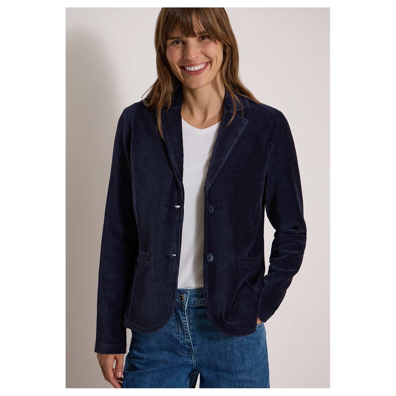Damen Cord Blazer Jersey von Cecil in Dunkelblau, Vorderansicht am Model