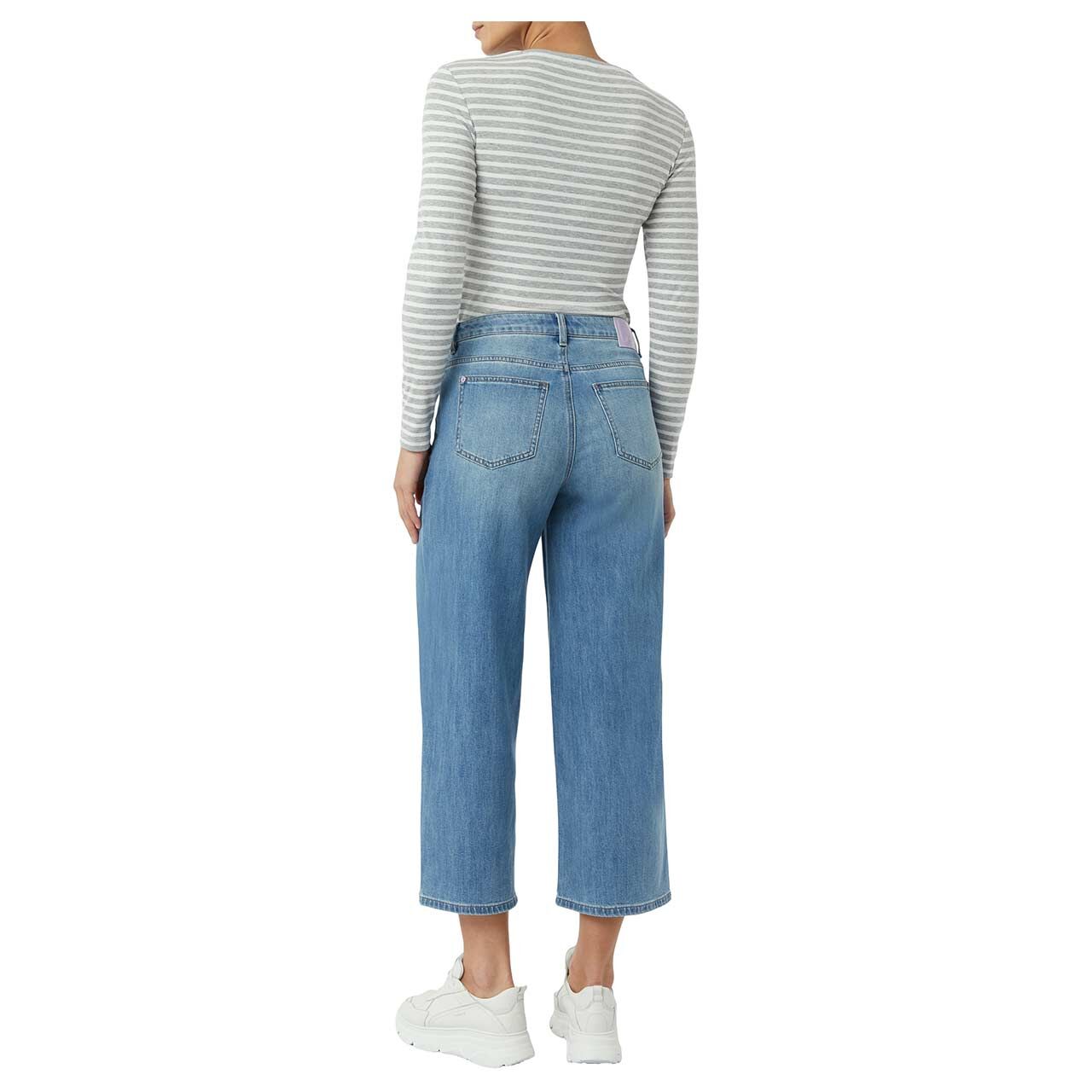 Damen Langarm Shirt von Comma in Grau gestreift, Rückansicht am Model