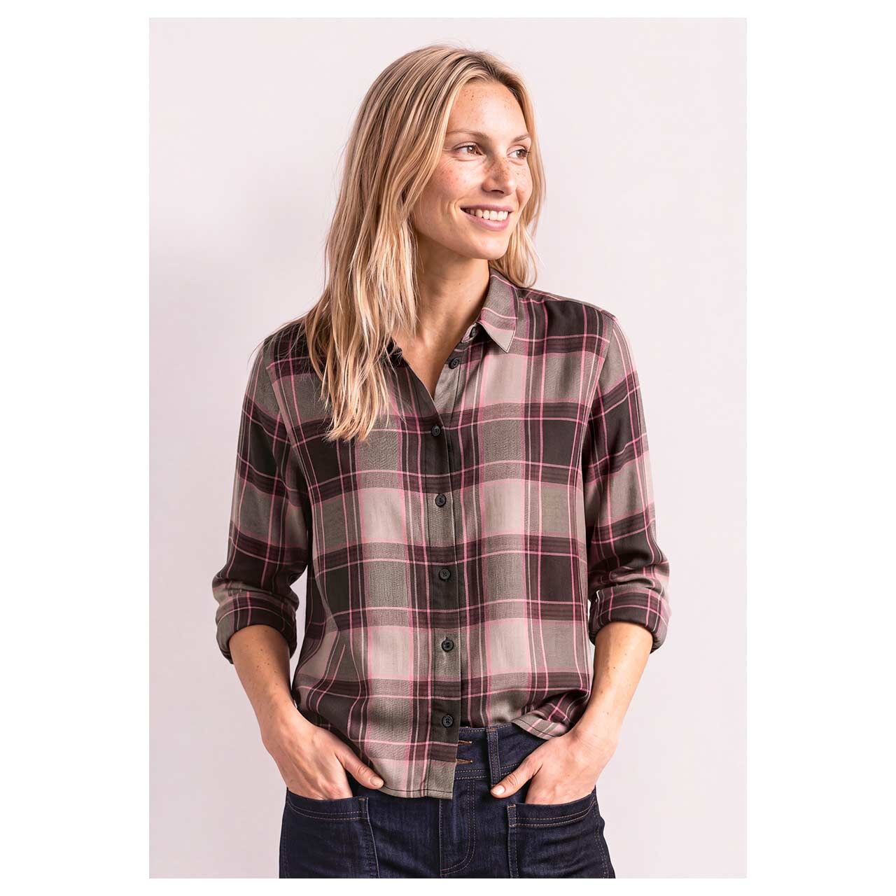 Damen Langarm Bluse Multicolor Check von Street One in Beige kariert, Vorderansicht am Model