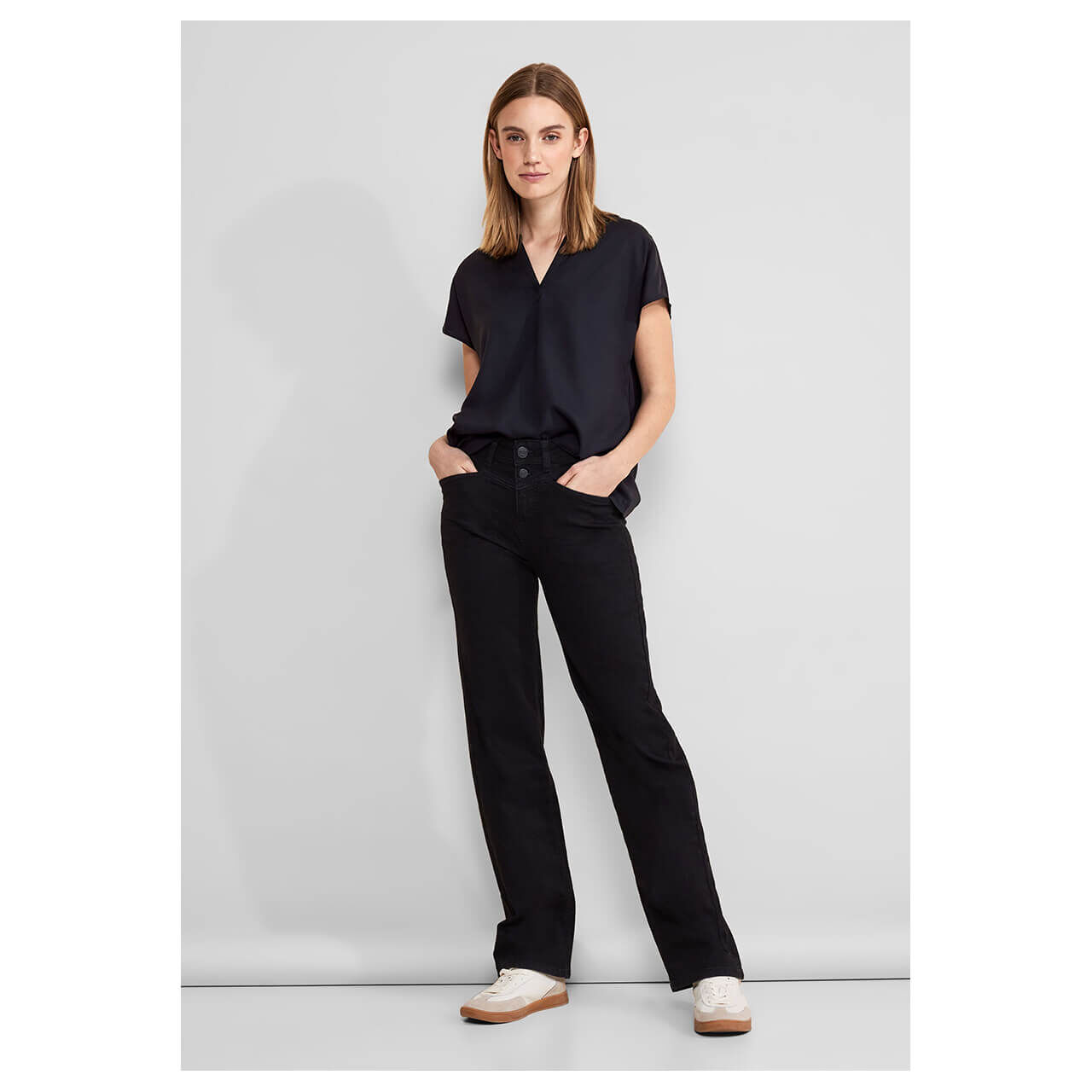 Street One Damen Kurzarm Bluse Splitneck black