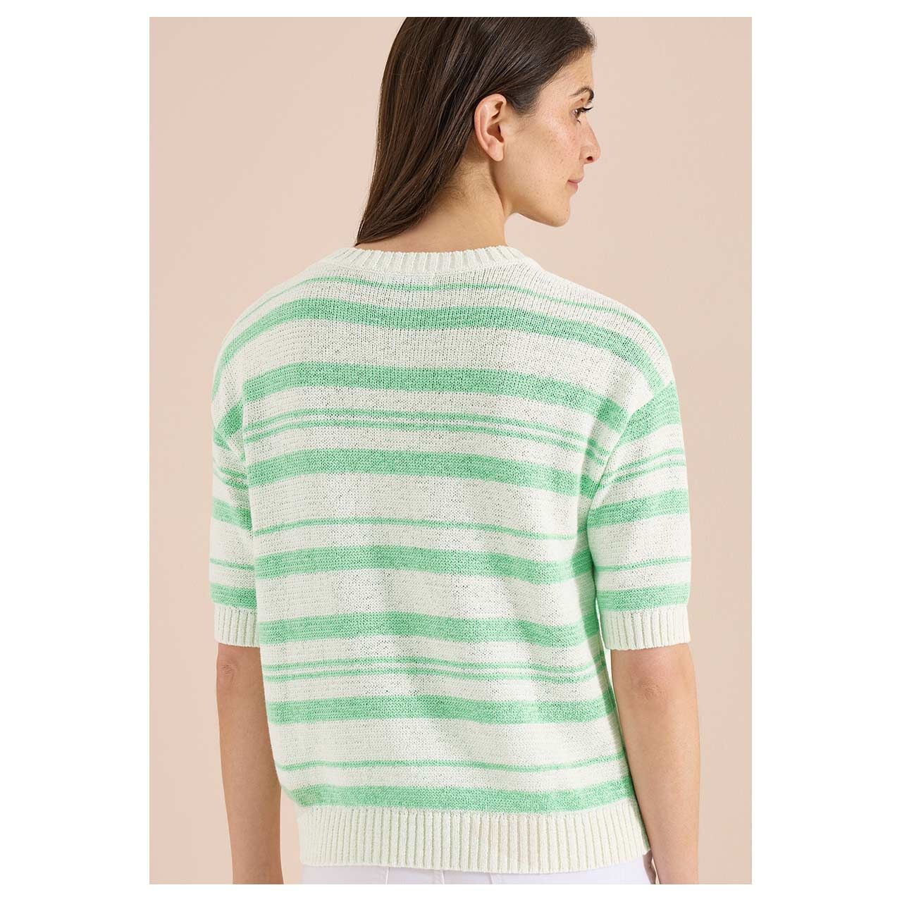 Damen Kurzarm Pullover Striped Tapeyarn von Cecil in Grün gestreift, Rückansicht am Model