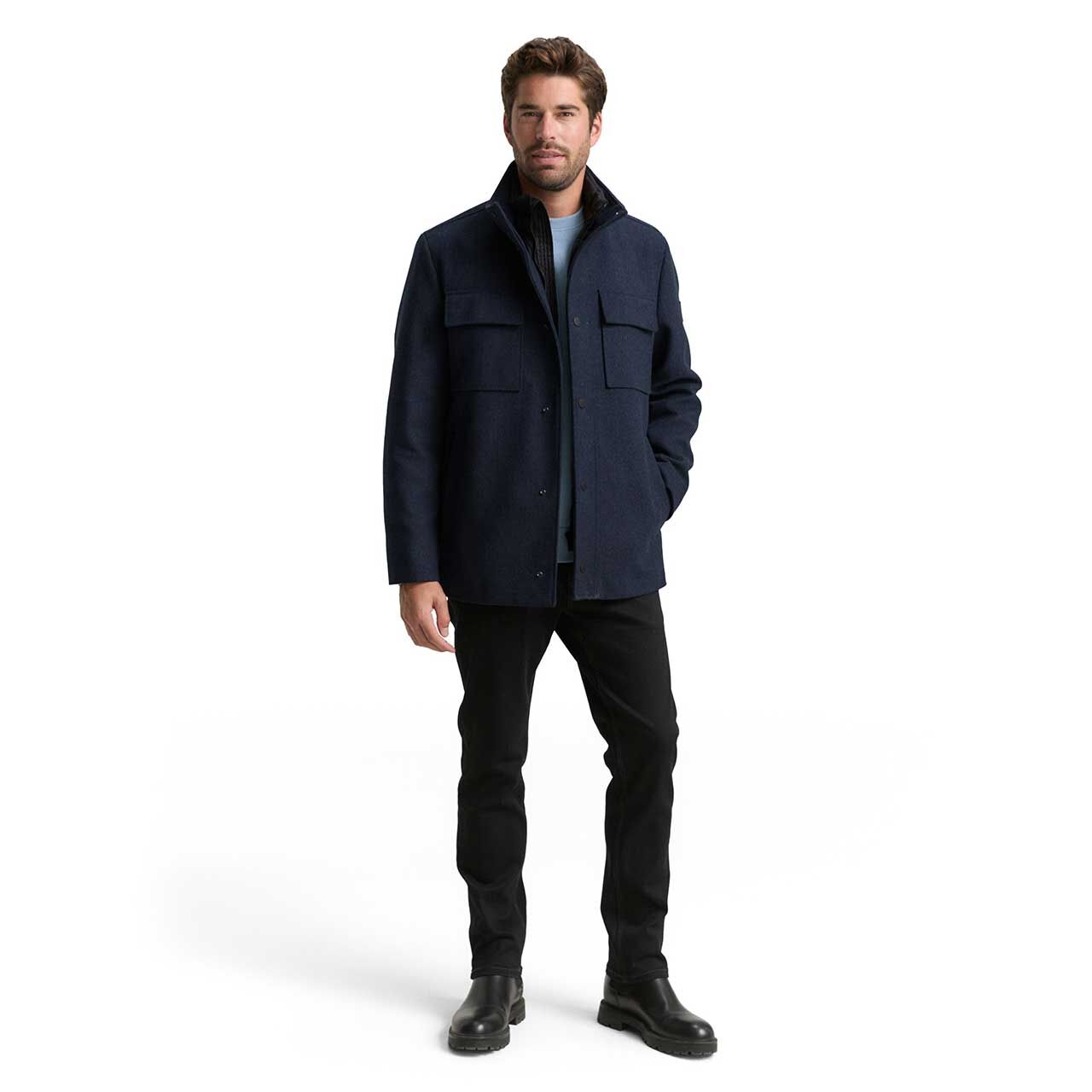 Herren Mantel Wool Coat 2 in 1 von Tom Tailor in Dunkelblau mit Print, Ganzkörperansicht