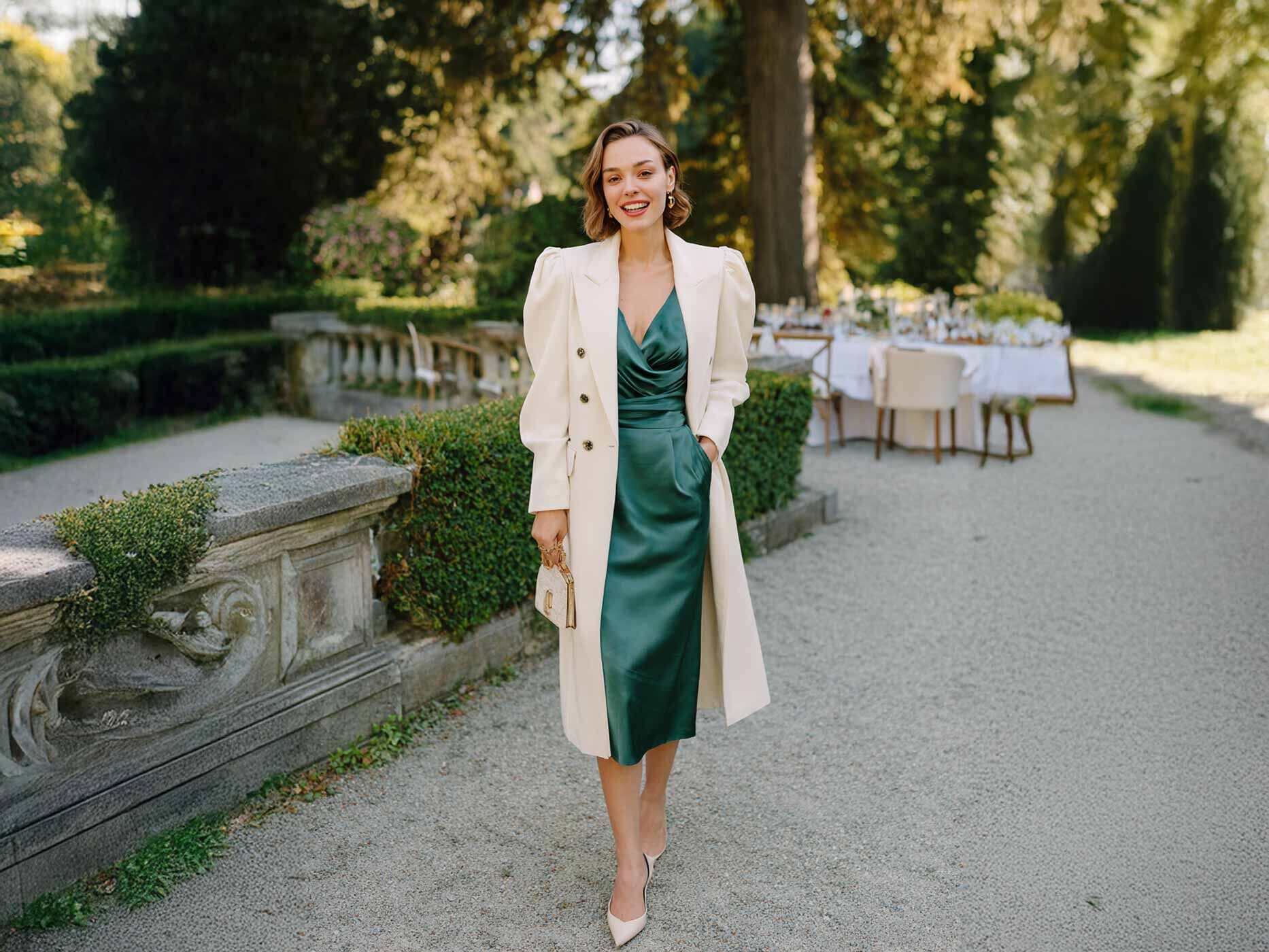 Eine Frau steht vor einer schön geschmückten Gartenlocation zu einem feierlichen Anlass, sie trägt ein körperbetonendes grünes Kleid und dazu einen langen weißen Blazermantel.
