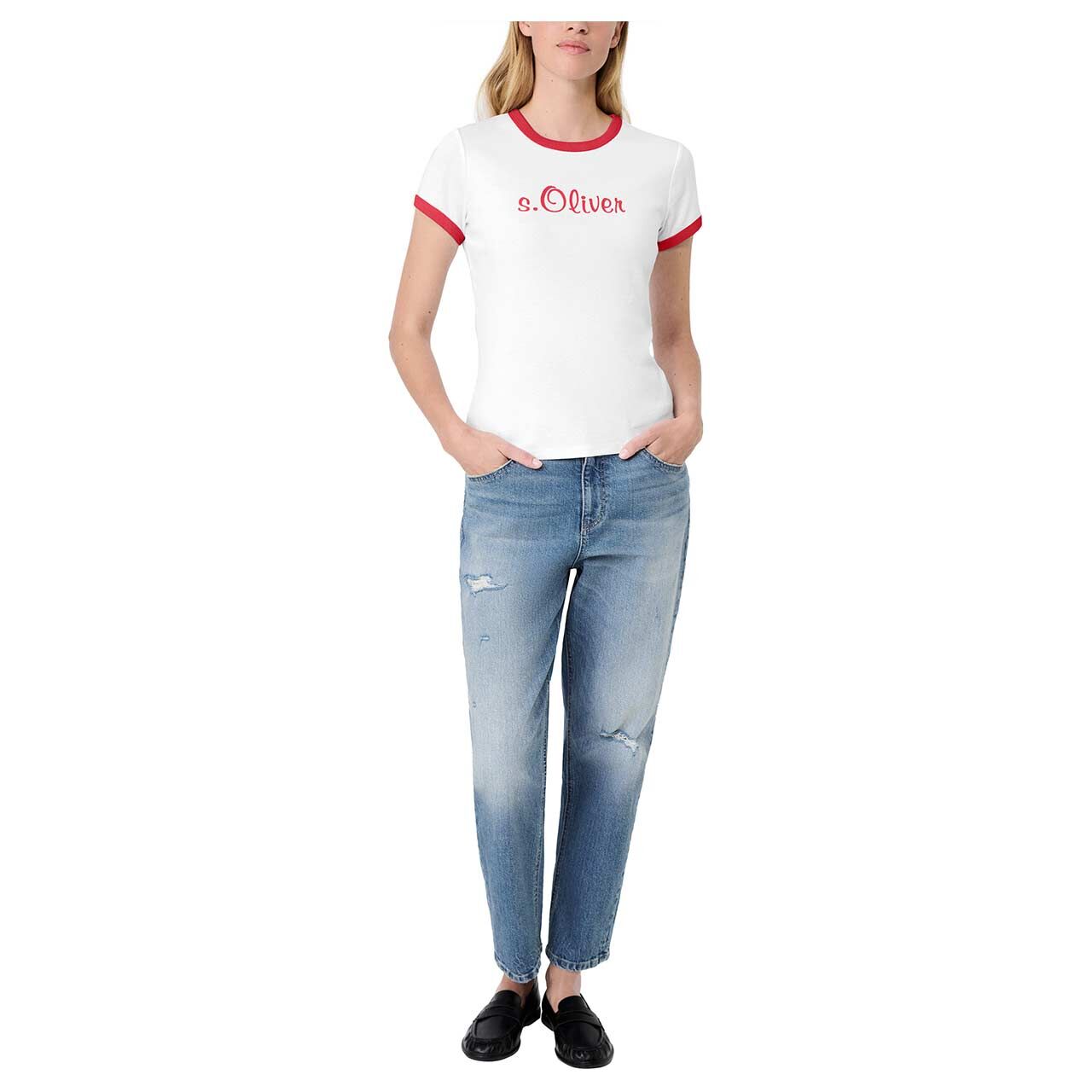 s.Oliver Damen T-Shirt in Weiß mit Print, Ganzkörperansicht am Model