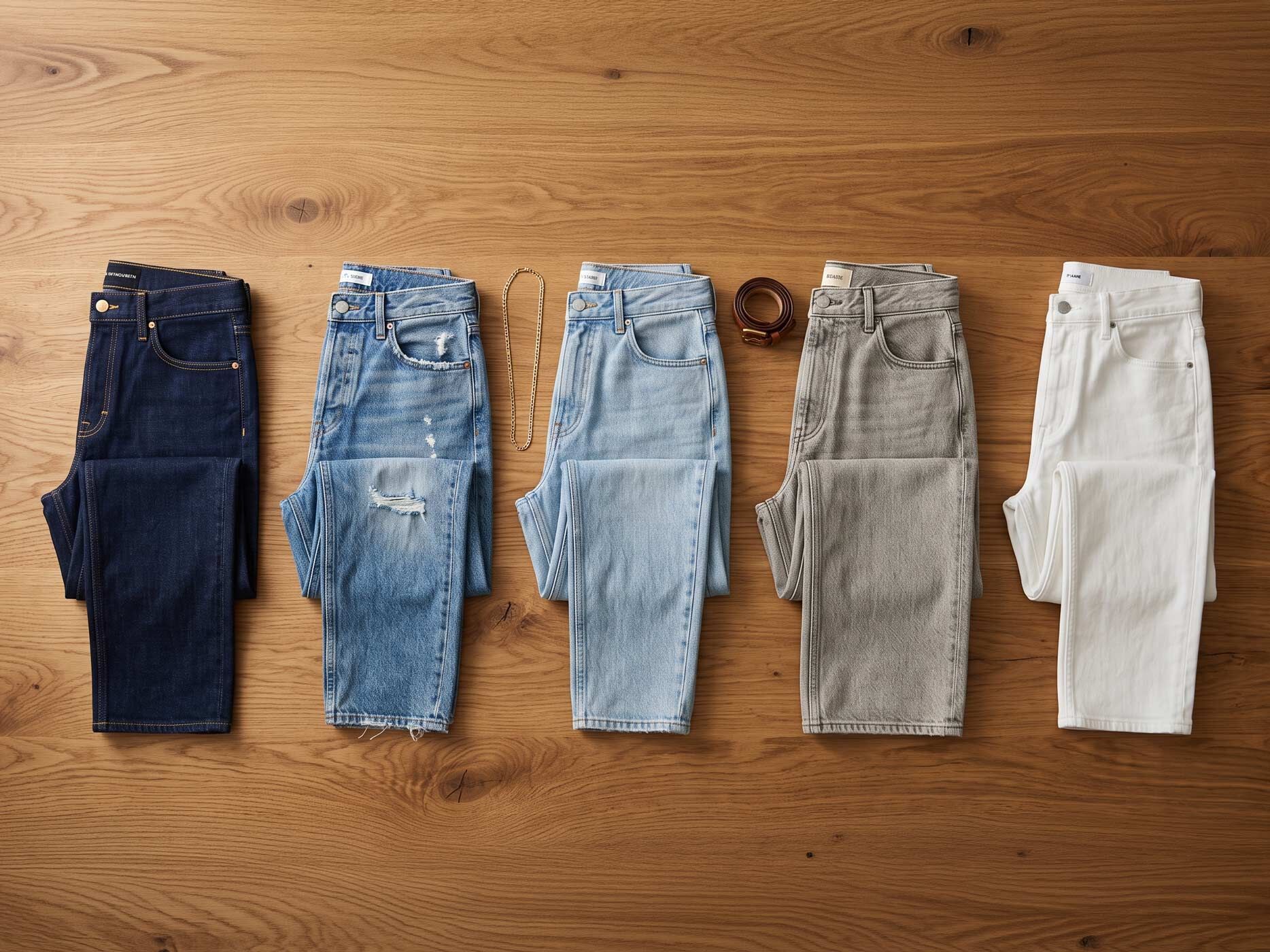 Mehrere unterschiedlich gefaltete Jeans in verschiedenen Waschungen liegen ordentlich auf einem Holztisch und zeigen, wie eine vielseitige Grundausstattung mit wenigen Lieblingsjeans aussehen kann.