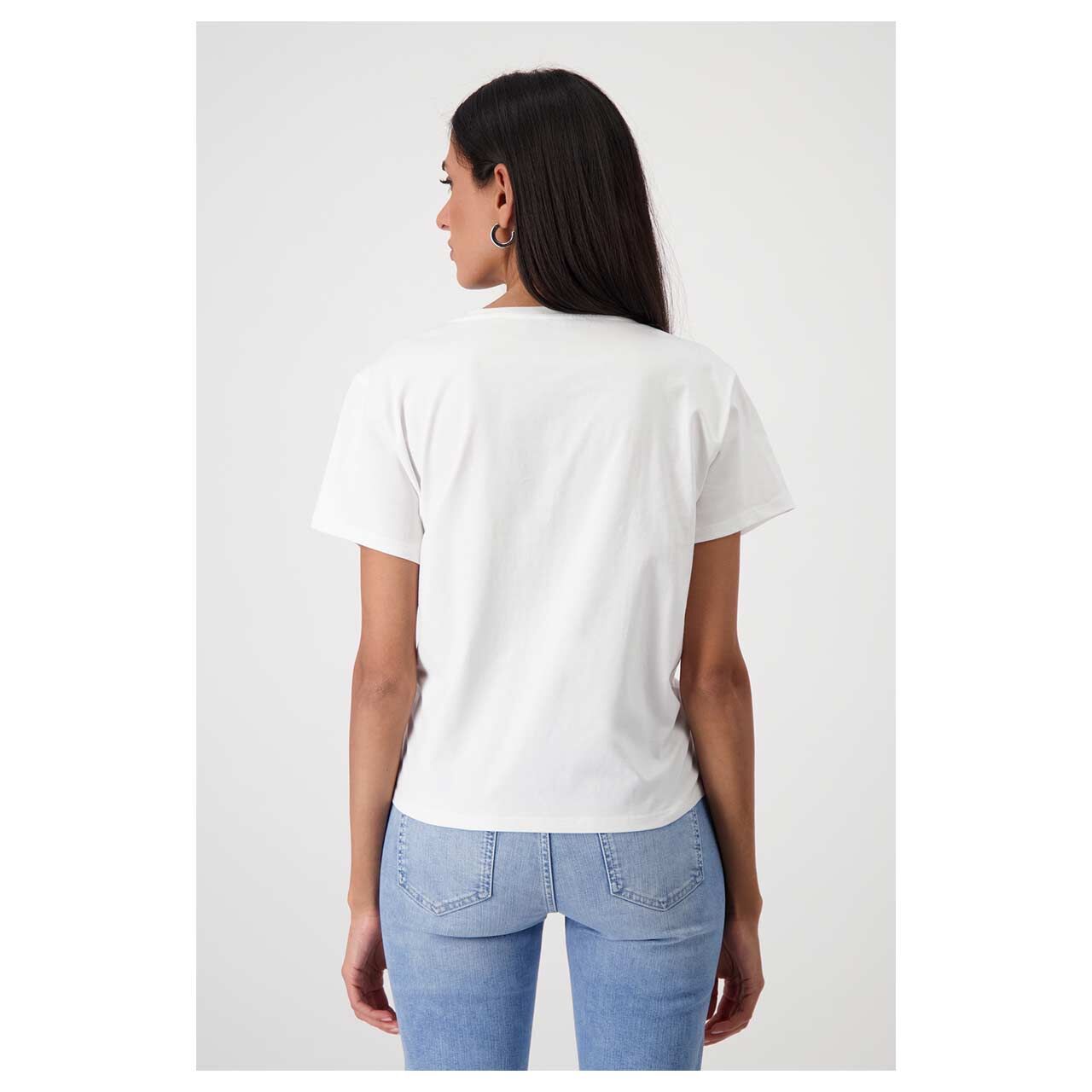 Damen T-Shirt von Monari in Cremeweiß mit Print, Rückansicht am Model