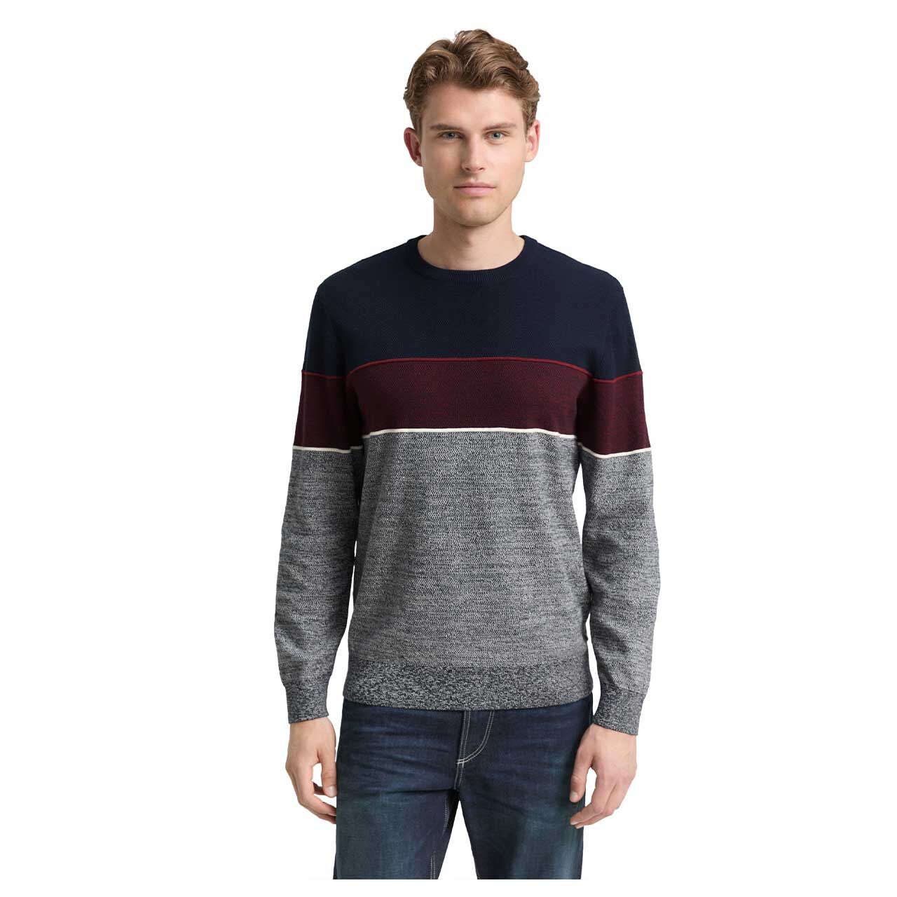 Herren Pullover Knit Crewneck von Tom Tailor in Dunkelblau gestreift, Vorderansicht am Model