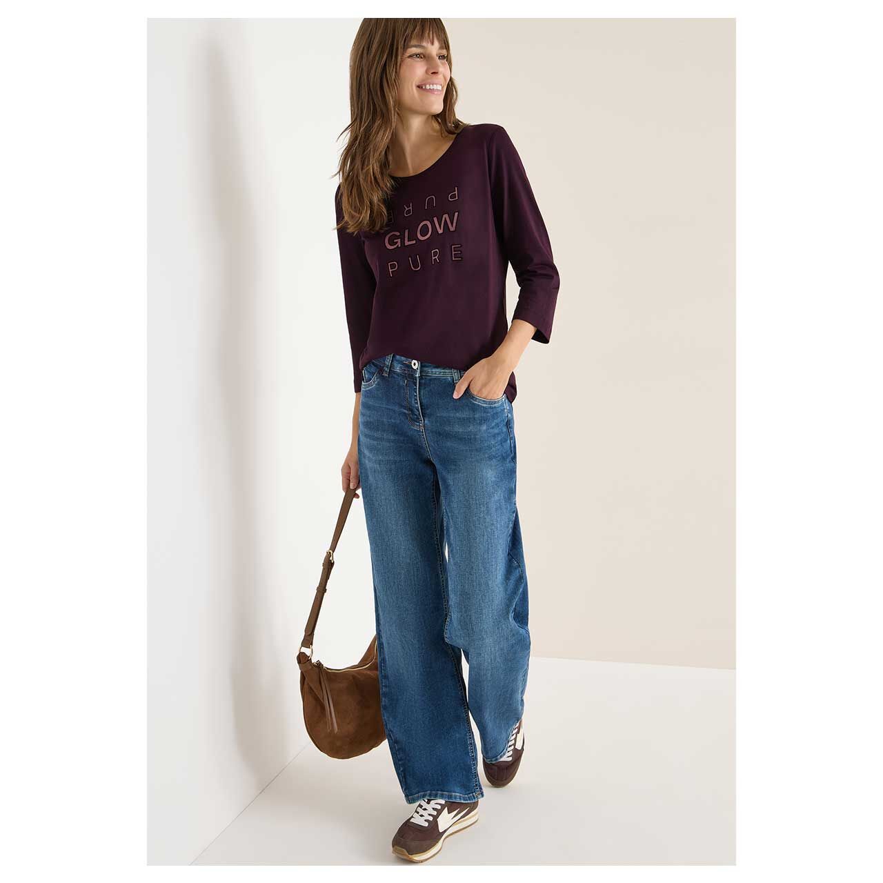 Damen 3/4 Arm Shirt Pure Glow von Cecil in Lila mit Print, Ganzkörperansicht am Model