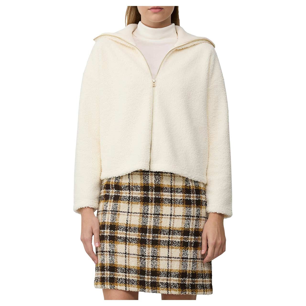 Damen Teddy Sweatjacke von s.Oliver in Cremeweiß, detaillierte Vorderansicht am Model