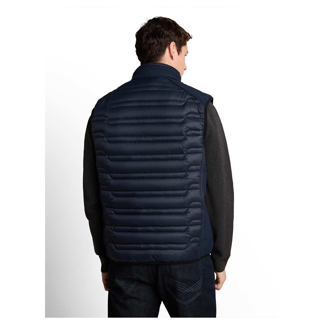 Herren Weste Hybrid Vest von Tom Tailor in Dunkelblau, Rückansicht am Modell