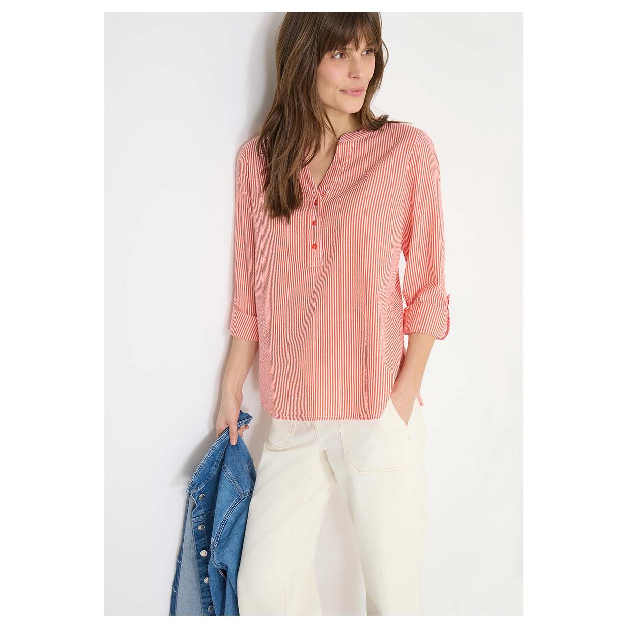 Damen Langarm Bluse Seersucker Stripe von Cecil in Orange-Rot gestreift, Vorderansicht am Model
