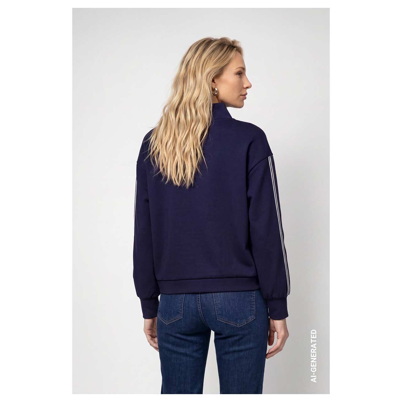 Damen Sweatshirt von Monari in Dunkelblau mit Strass, Rückansicht am Model