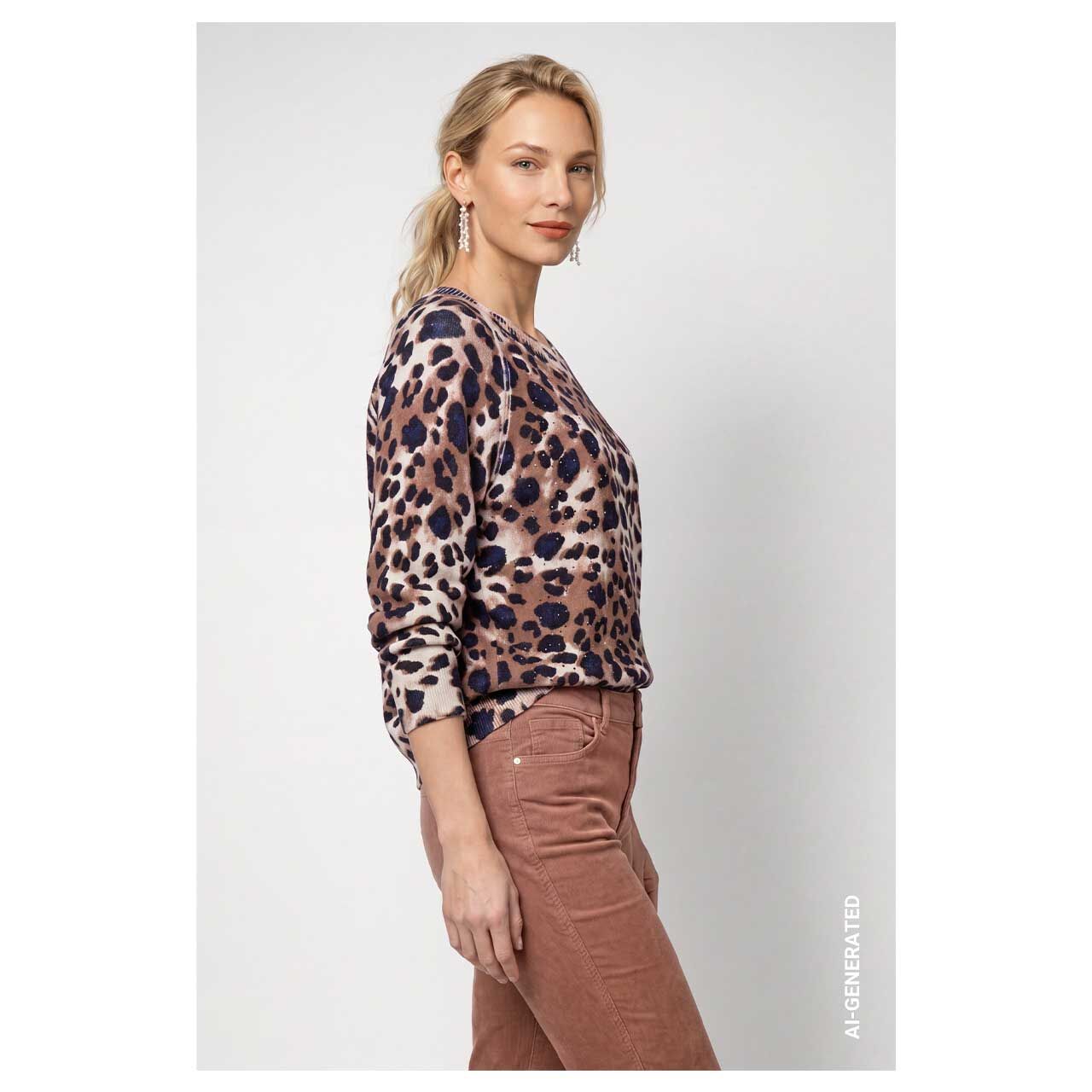 Damen Pullover von Monari in Braun mit Print, Seitenansicht am Model