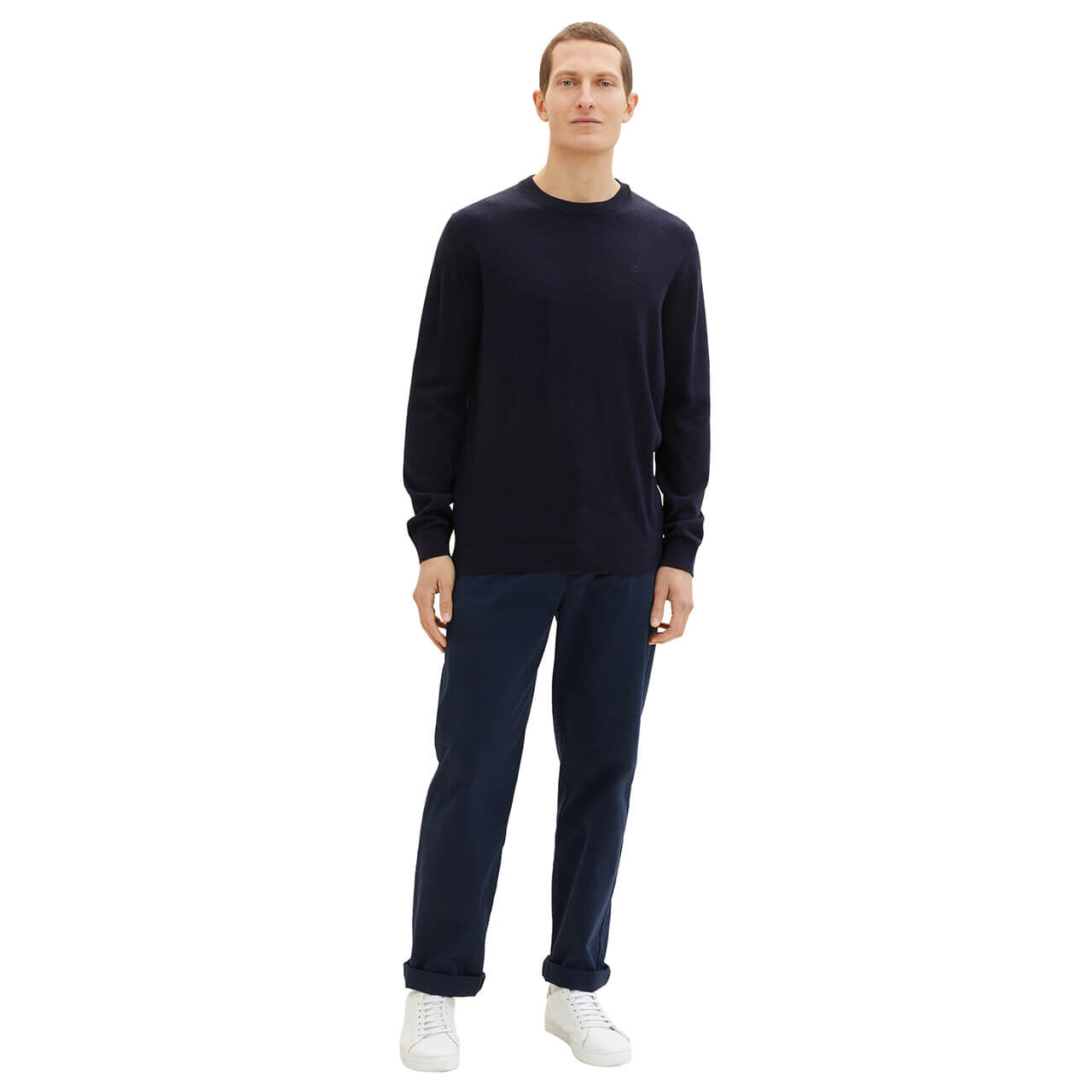 Tom Tailor Herren Pullover Basic Crewneck knitted navy melange compact cotton