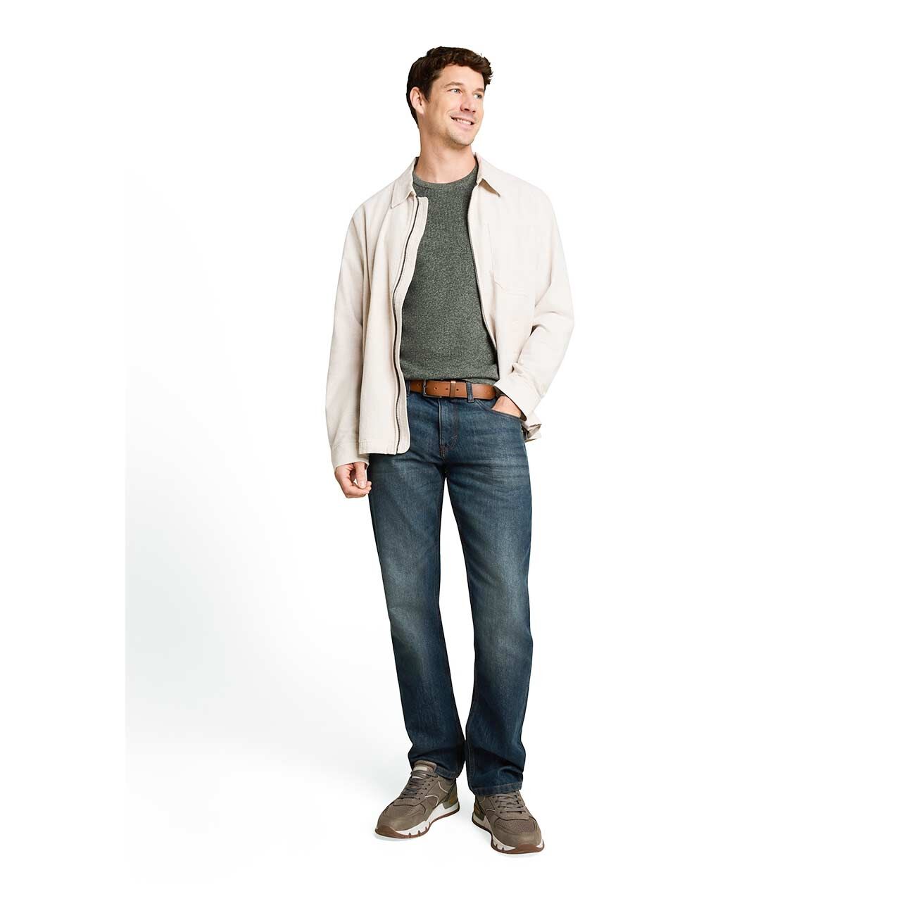 Herren Pullover Multi Color Crew Neck Knit von Tom Tailor in Grün meliert, Ganzkörperansicht Model