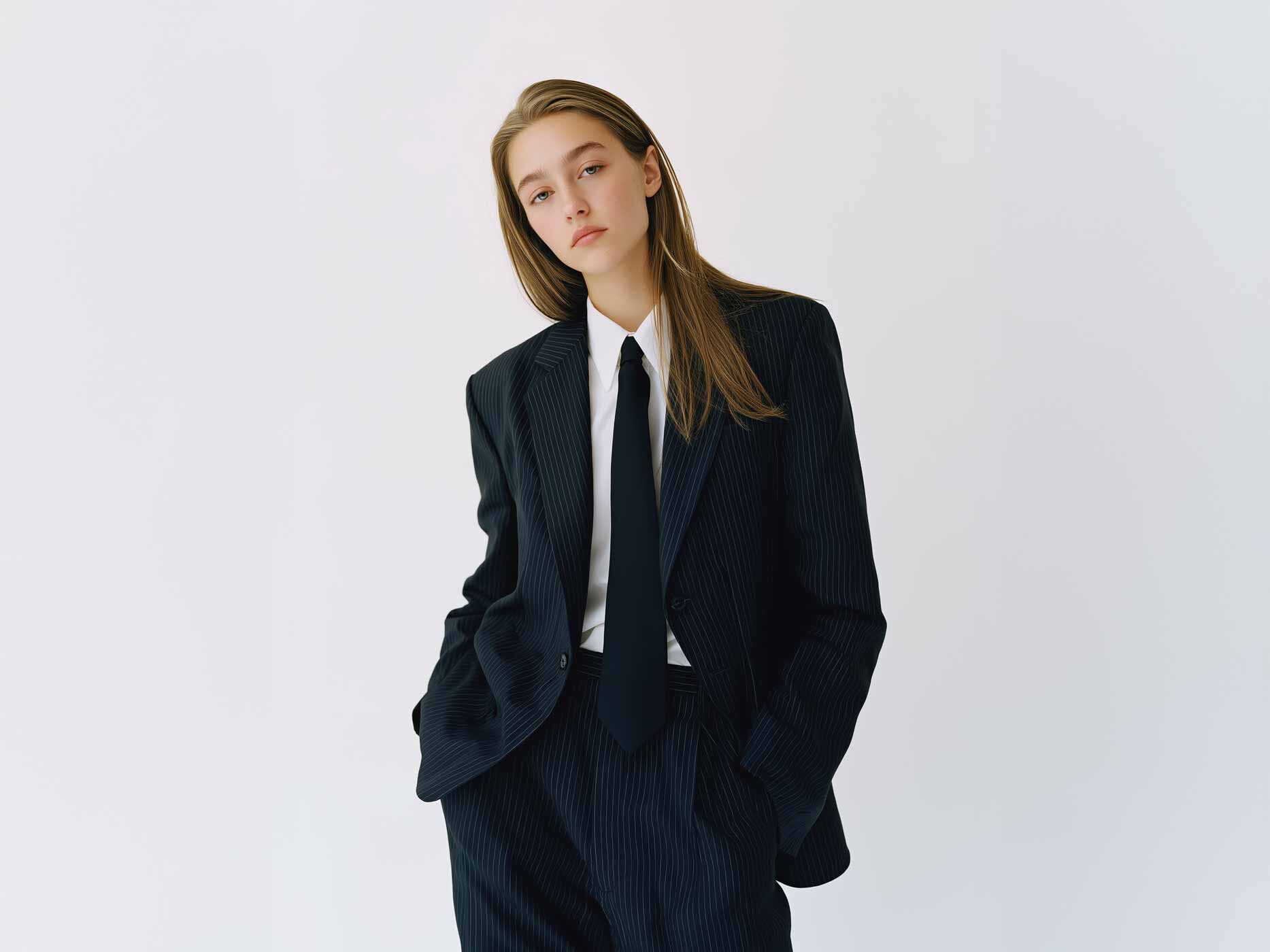 Eine Frau trägt eine blaue Anzughose mit schmalen, weißen Streifen und einen dazu passenden Blazer, darunter eine weiße Bluse und dazu eine dunkelblaue Krawatte.