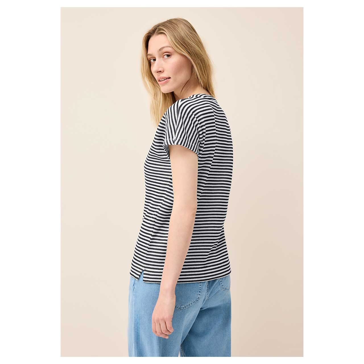Damen T-Shirt Striped Structure von Cecil in Dunkelblau, Rückenansicht am Modell