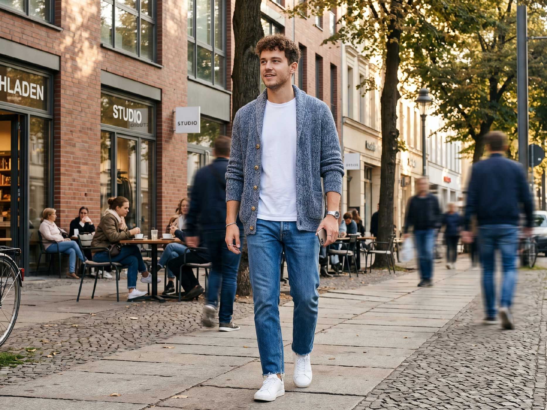 Ein Mann l&auml;uft durch eine belebte Fu&szlig;g&auml;ngerzone. Er tr&auml;gt eine hellblaue Jeans mit geradem Bein, ein wei&szlig;es T-Shirt, einen blauen Cardigan und wei&szlig;e Sneaker. Das Outfit zeigt einen entspannten Alltagslook mit klassischer Straight-Fit-Jeans.