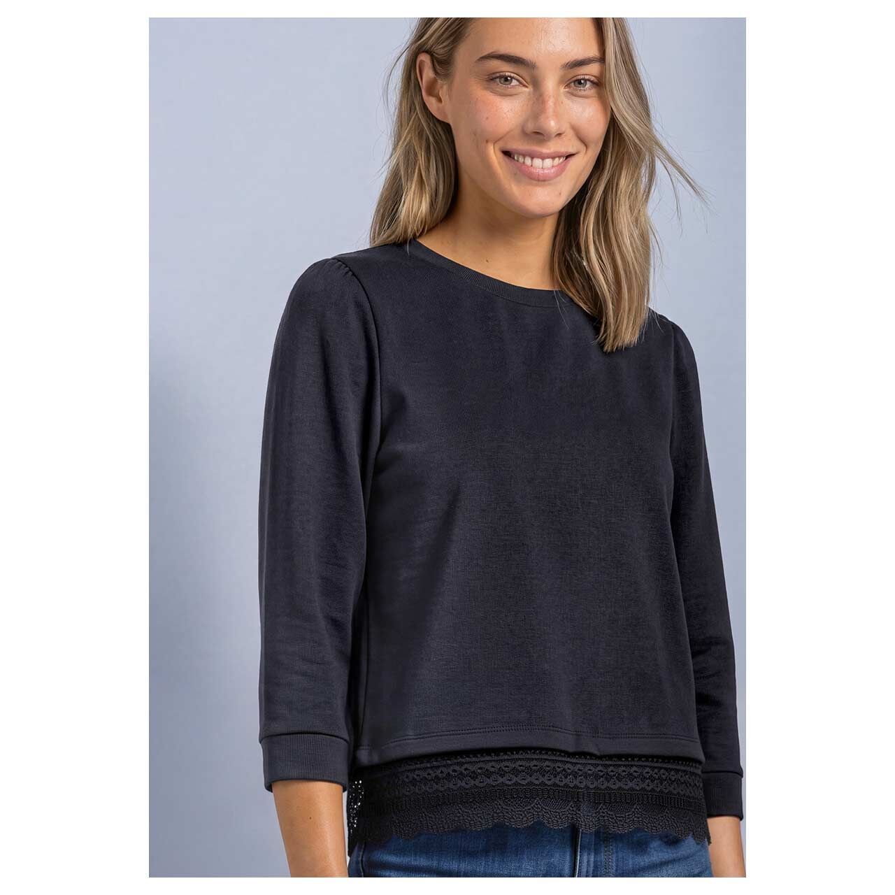 Street One Damen 3/4 Arm Shirt Lace Bottom in Dunkelblau, Vorderansicht Model