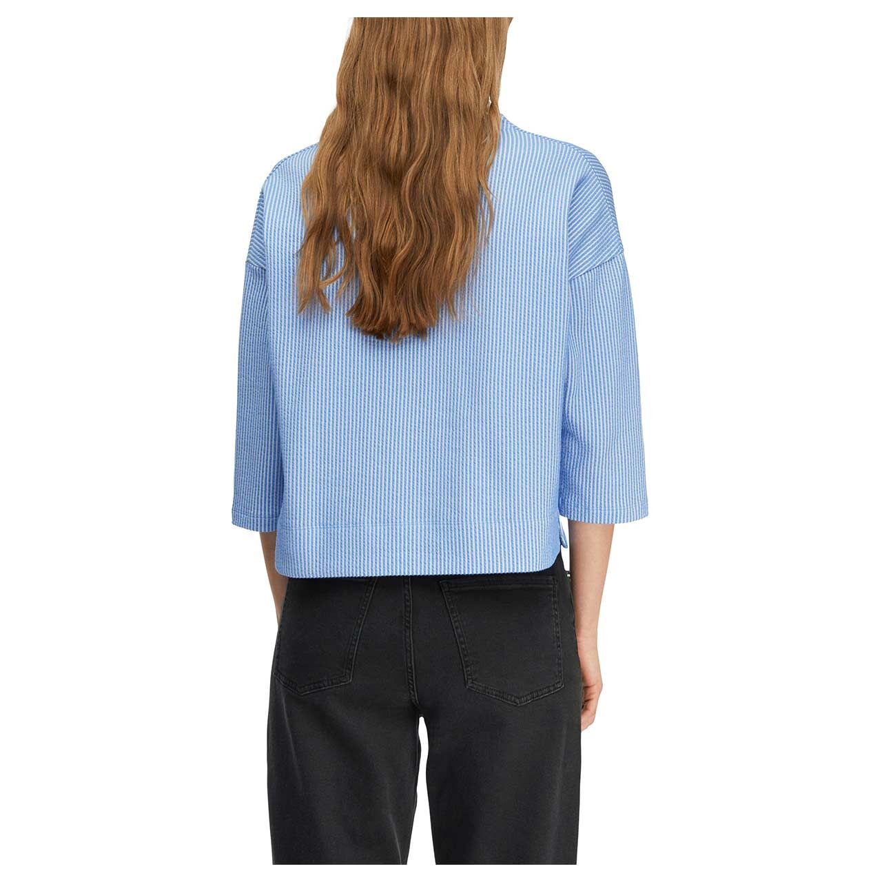Damen 3/4 Arm Sweatshirt von Comma in Blau gestreift, Vorderansicht am Model