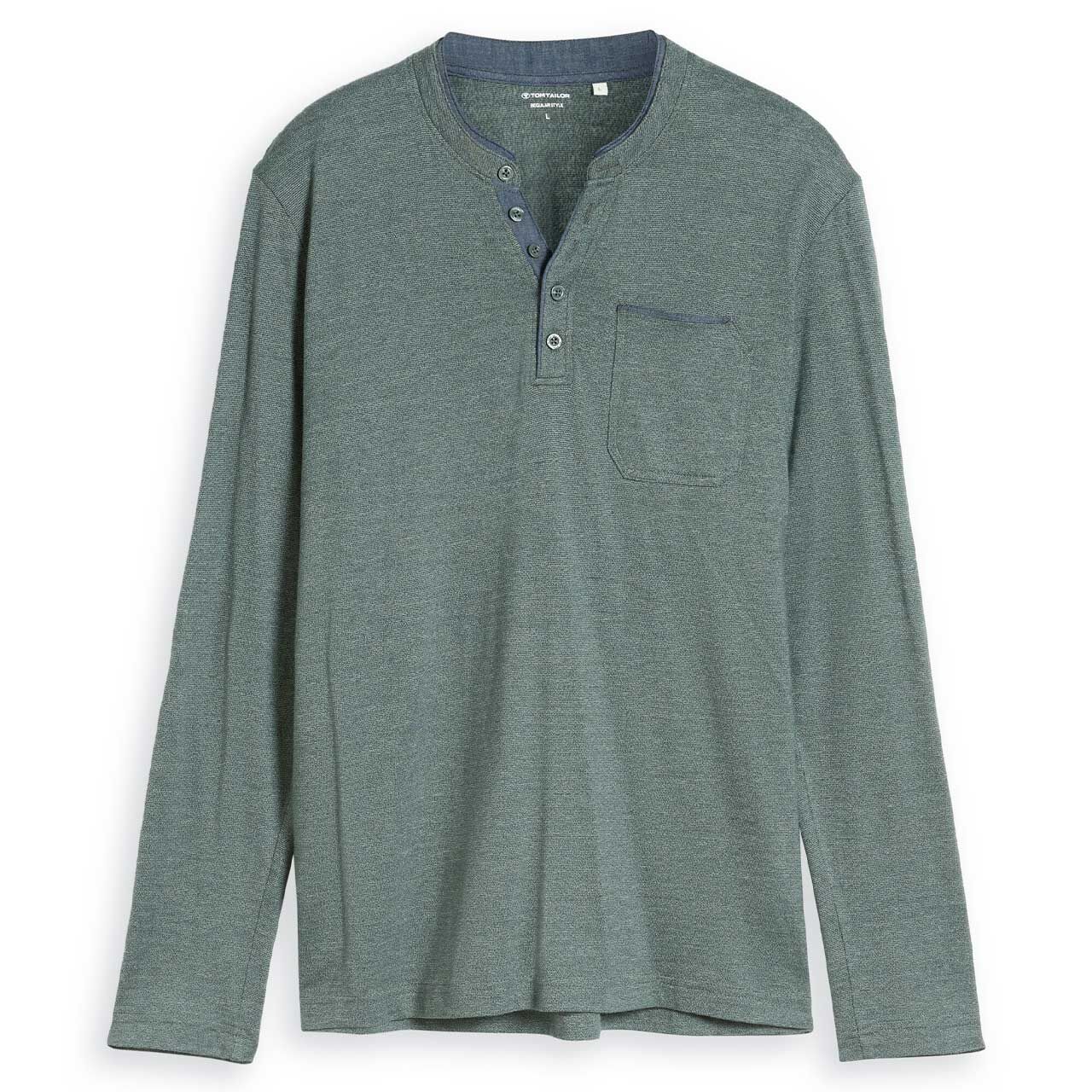 Tom Tailor Herren Serafino Langarm Shirt mint olive injected stripe melange
