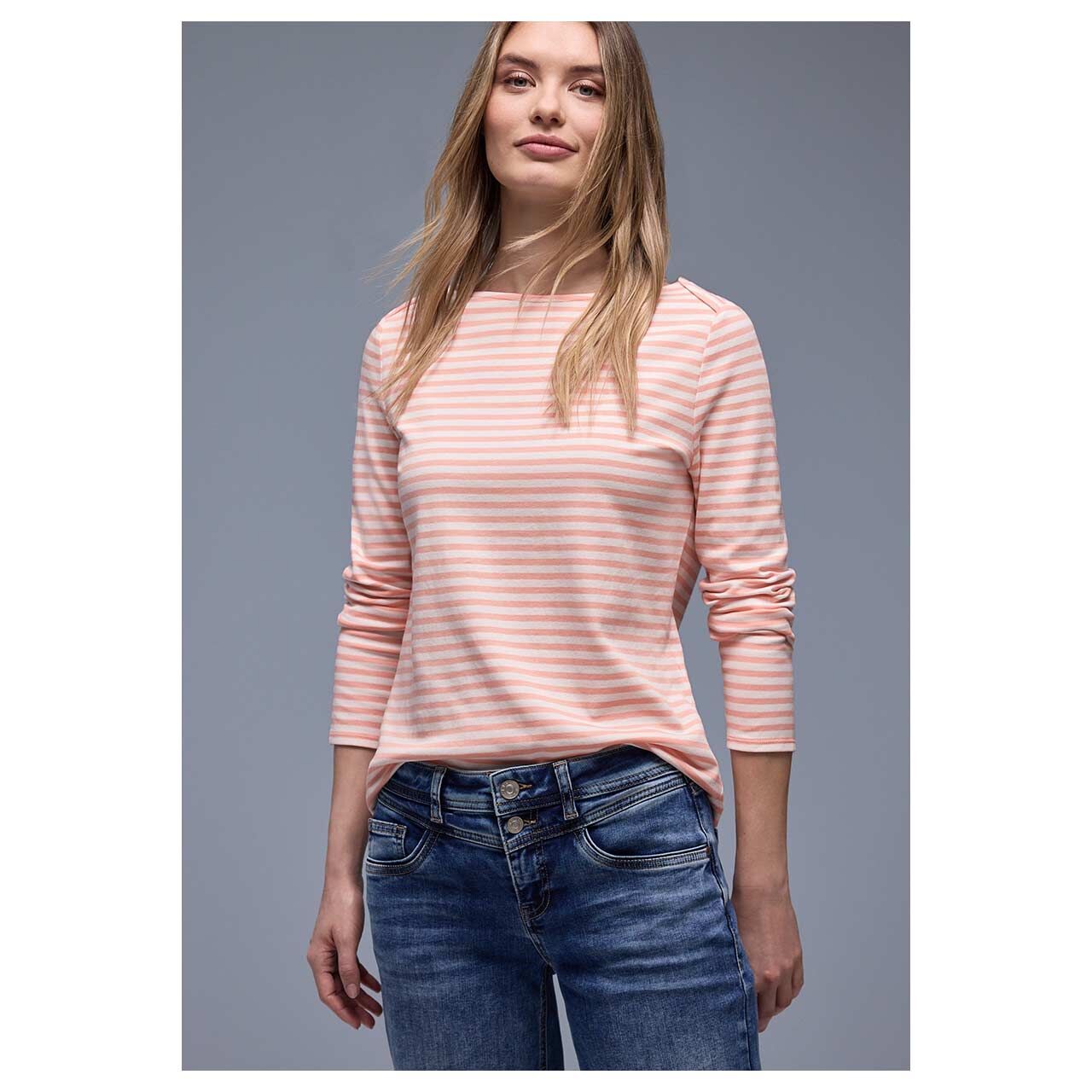 Damen Langarm Shirt U-Boat Stripe von Street One in Orange-Rosa gestreift, Vorderansicht am Model