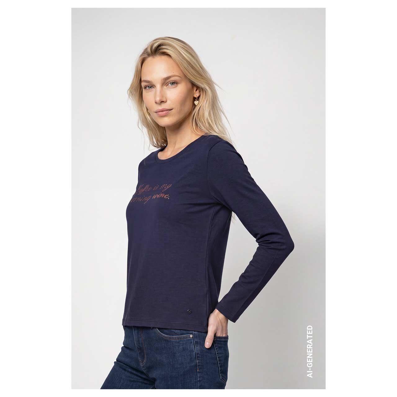 Damen Langarm Shirt von Monari in Dunkelblau mit Print, Seitansicht am Model