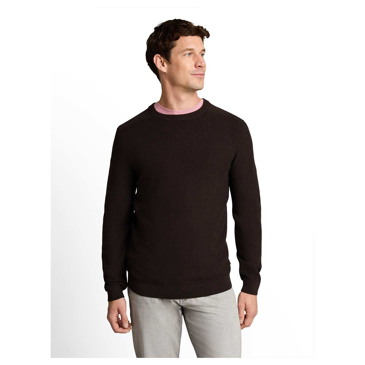 Herren Pullover Structured Crew Neck Knit von Tom Tailor in Dunkelbraun meliert, Vorderansicht am Model