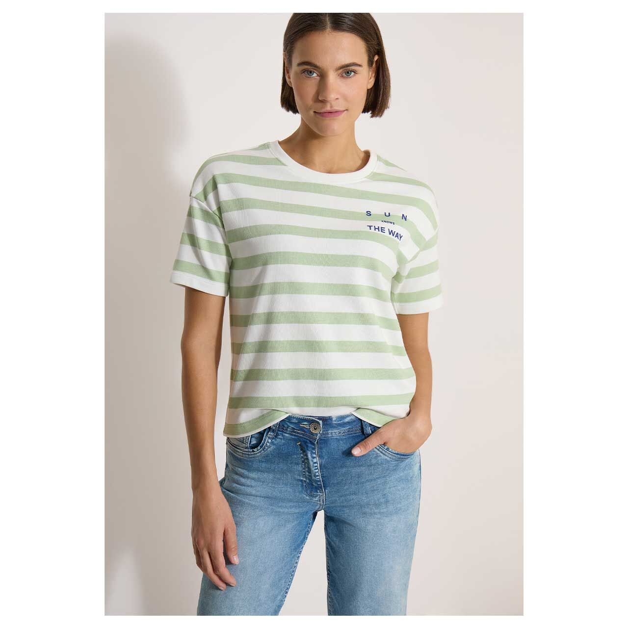Damen T-Shirt Striped Chest Print von Cecil in Hellgrün gestreift, Vorderansicht am Model