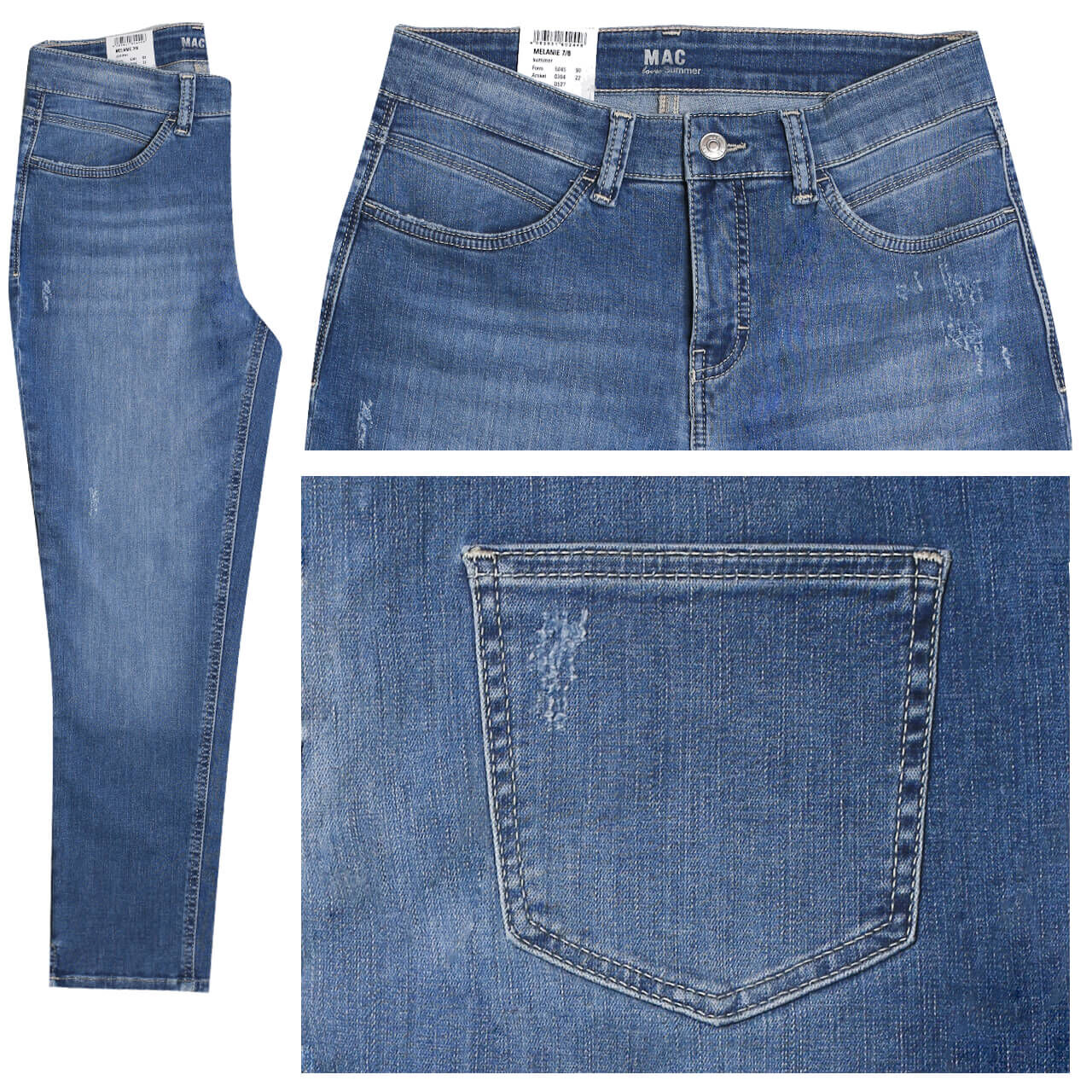MAC Jeans Melanie 7/8 für Damen in Mittelblau mit Destroyed Effekten, FarbNr.: D527