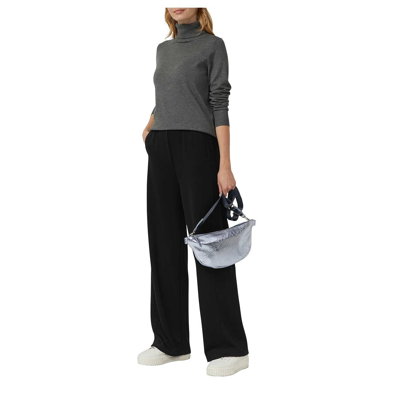 s.Oliver Damen Rollkragen Pullover in Dunkelgrau meliert, Ganzkörperansicht am Model