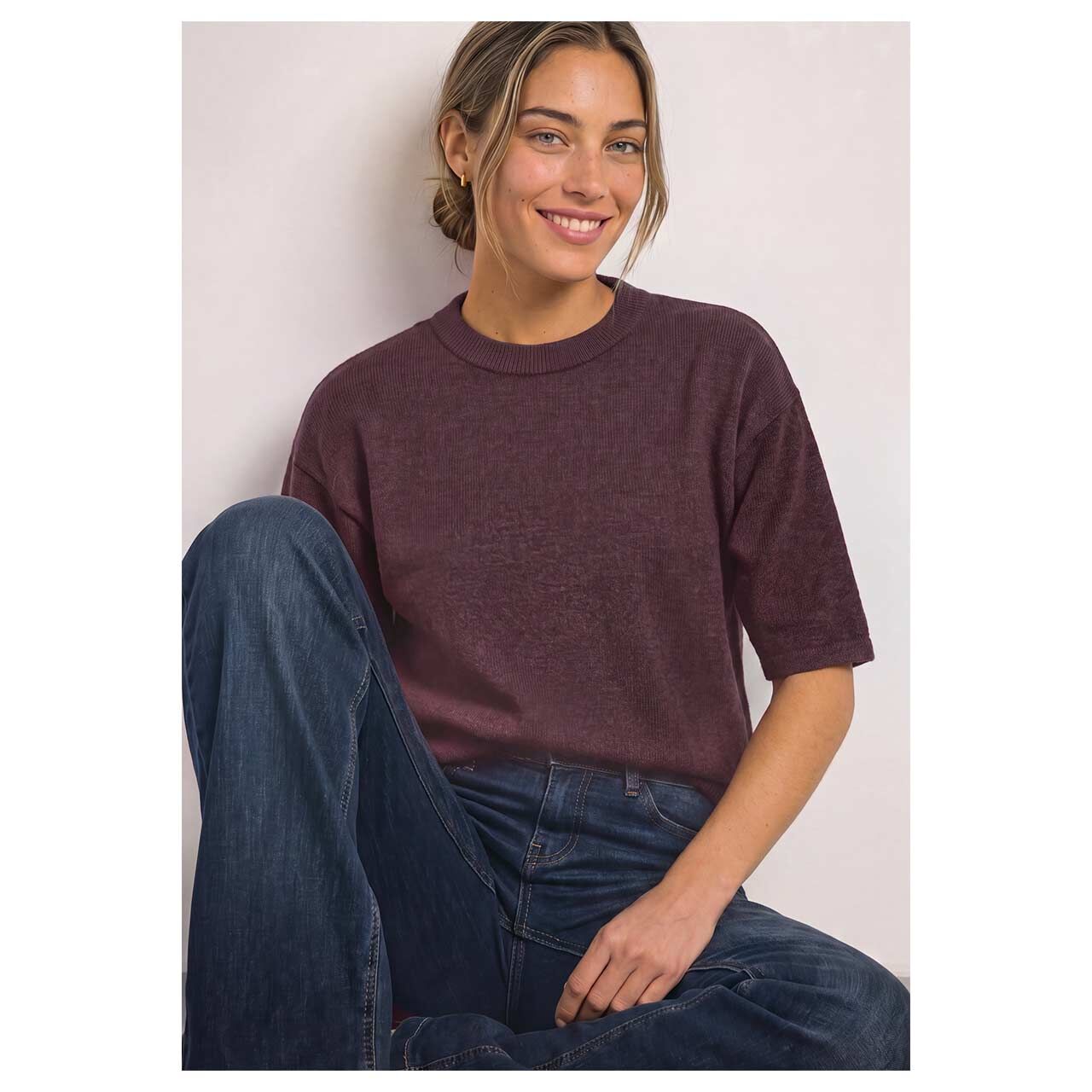 Damen 3/4 Arm Pullover Basic Sweater von Street One in Lila meliert, Vorderansicht am sitzenden Model