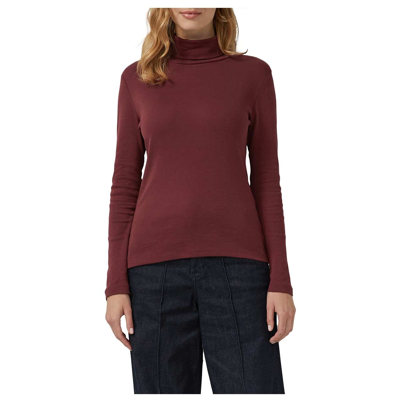 s.Oliver Damen Rollkragen Langarm Shirt in Burgunderrot, Vorderansicht am Model