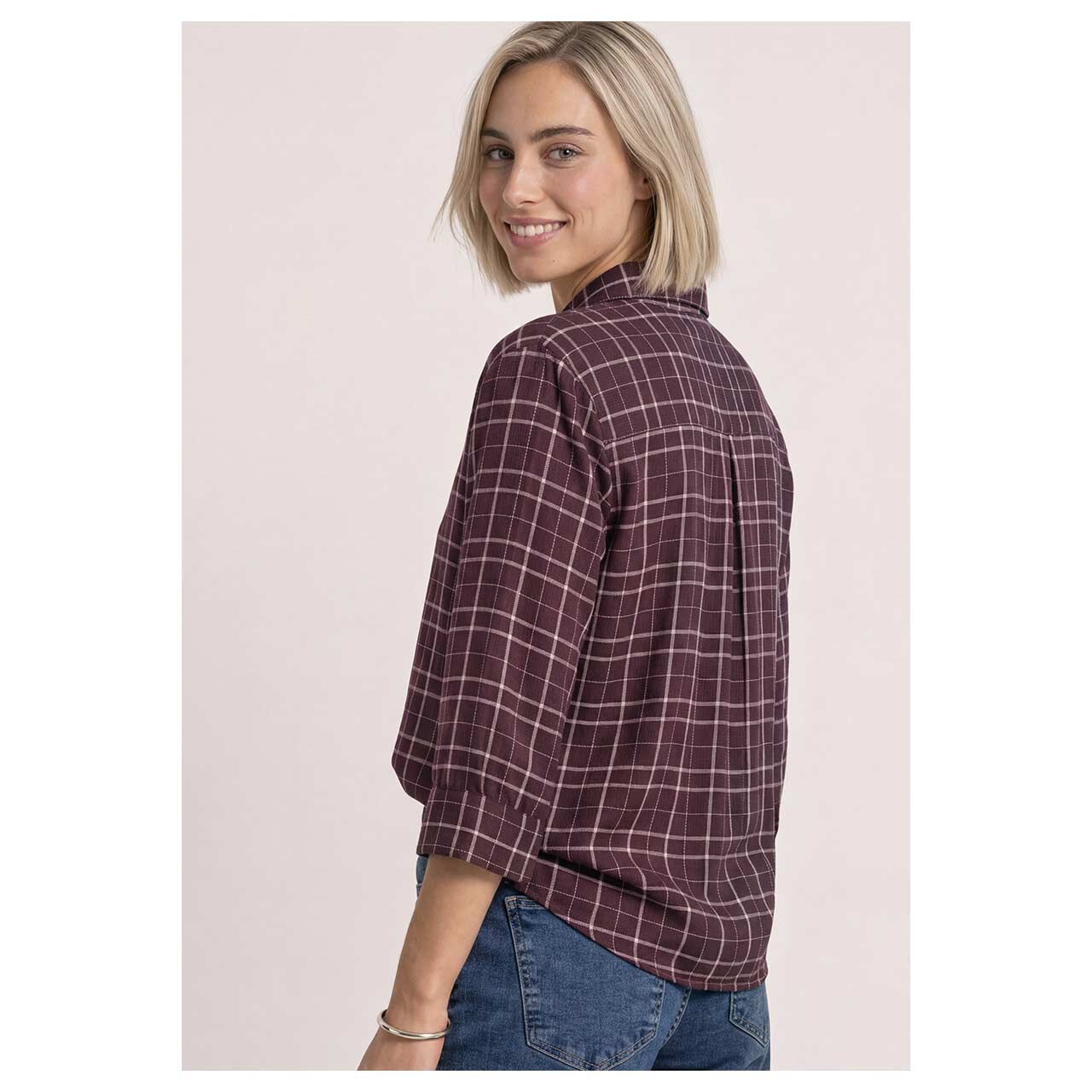 Damen 3/4 Arm Bluse check Shirtcollar von Street One in Lila kariert, Rückansicht am Model