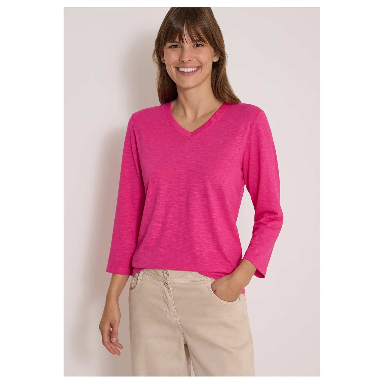 Damen 3/4 Arm Shirt Rib V-Neck von Cecil in Pink , Vorderansicht am Model
