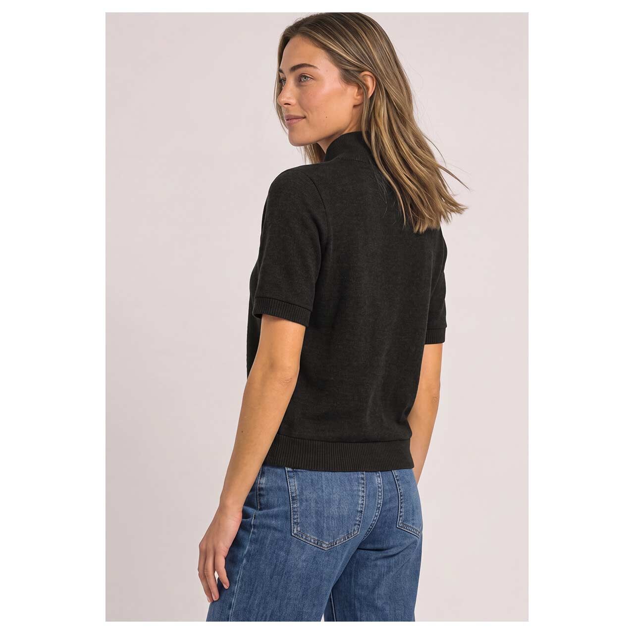 Damen Kurzarm Strickjacke Short Shawl Collar von Street One in Dunkelbraun meliert, Rückansicht am Model