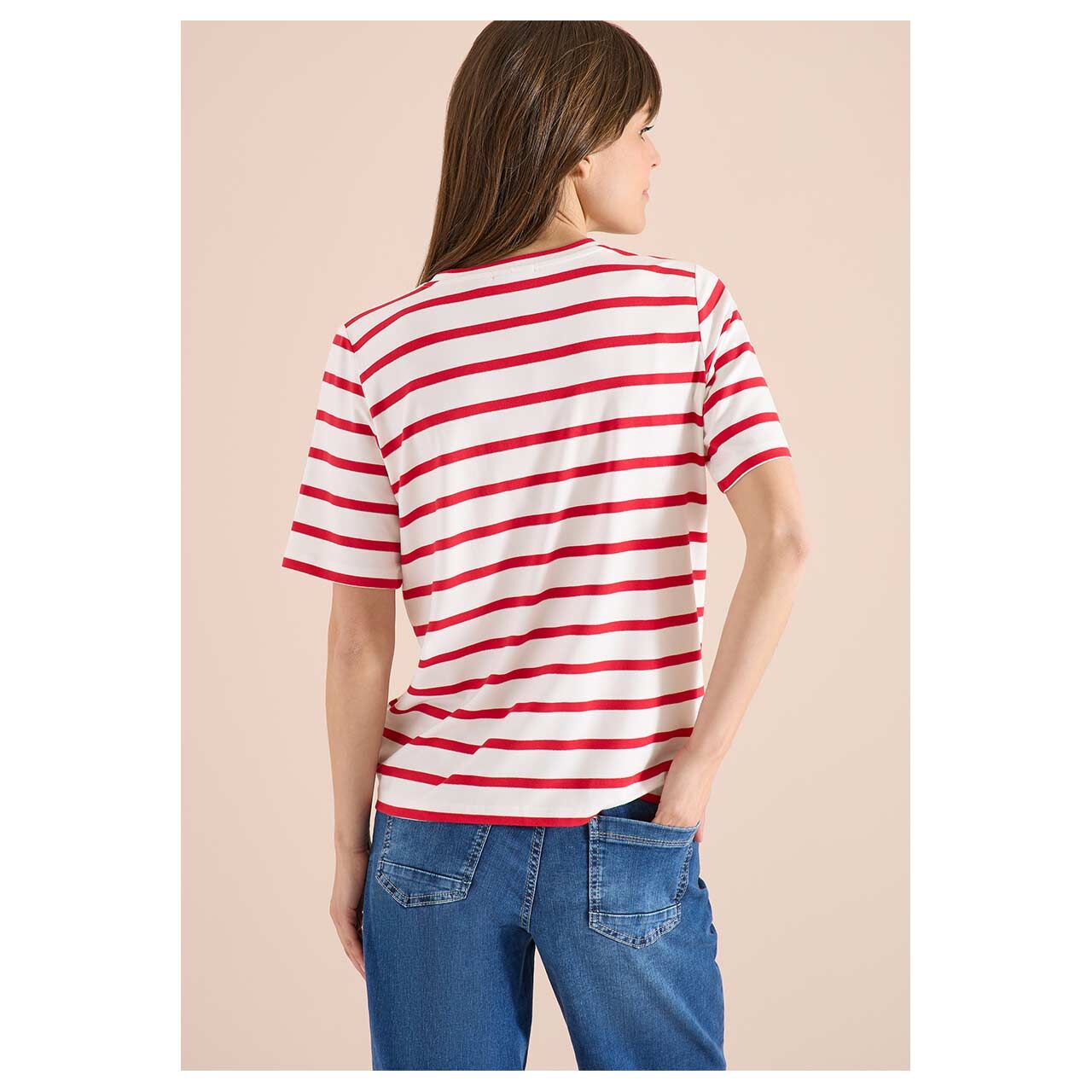 Damen T-Shirt Mer And Soleil Circle von Cecil in Rot gestreift mit Print, Rückansicht am Model