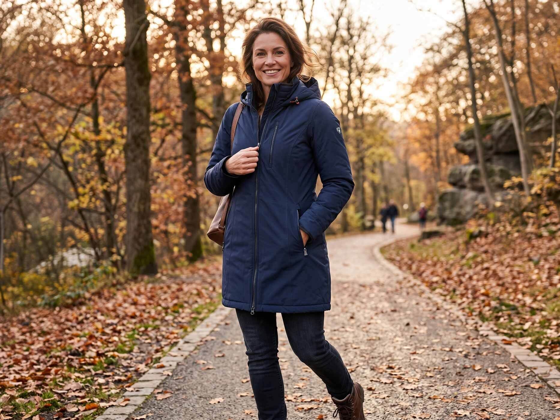 Eine Frau steht auf einem Weg in einem Park. Sie trägt eine blaue Wellensteyn Jacke mit einer grauen Jeans und hat braune Haare.