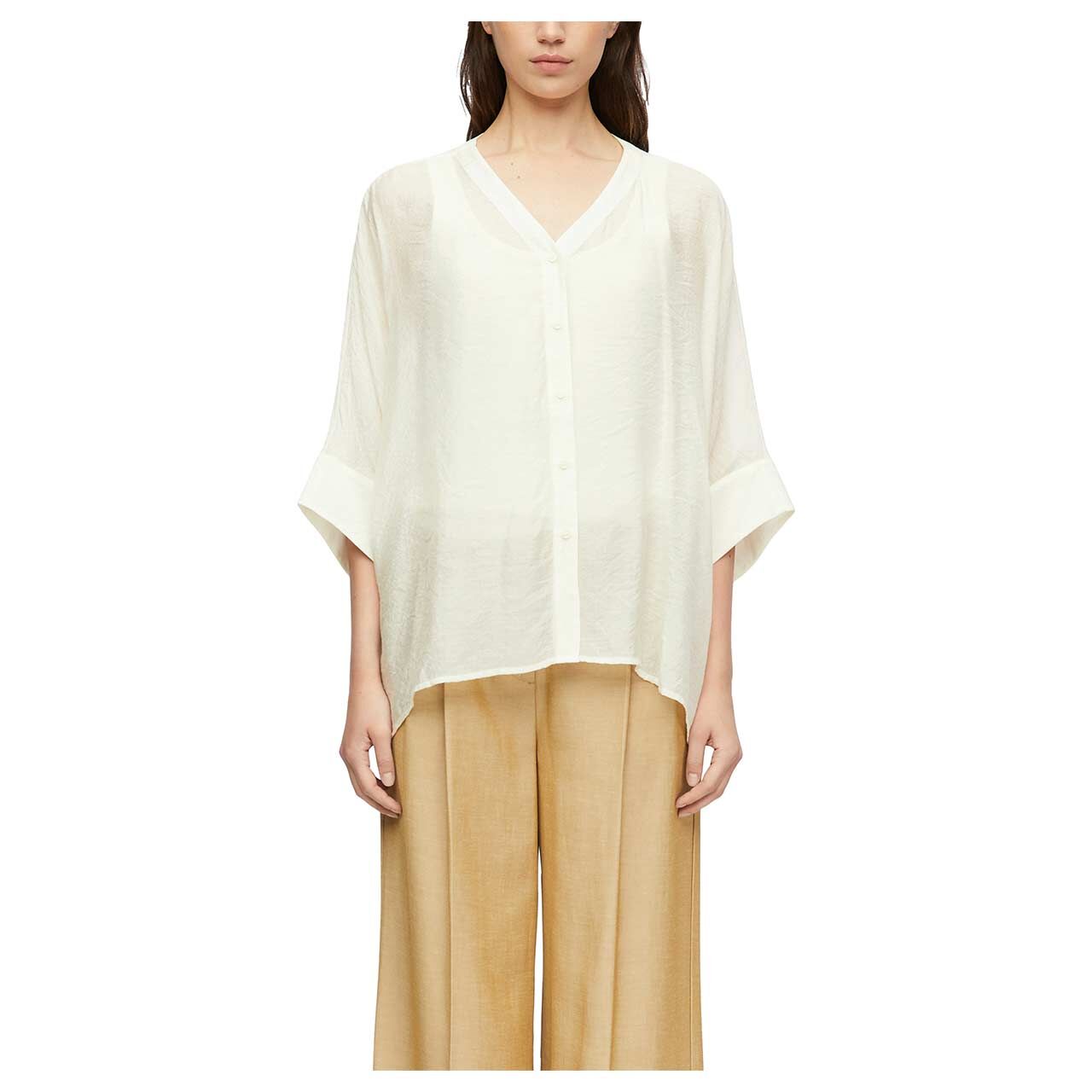 Damen Kurzarm Bluse von Comma in Hellbeige, Vorderansicht am Model