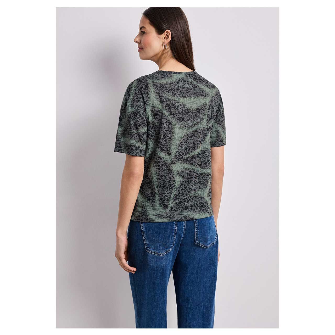 Damen T-Shirt Burn Dessin von Street One in Dunkelgrün mit Print, Rückansicht am Model