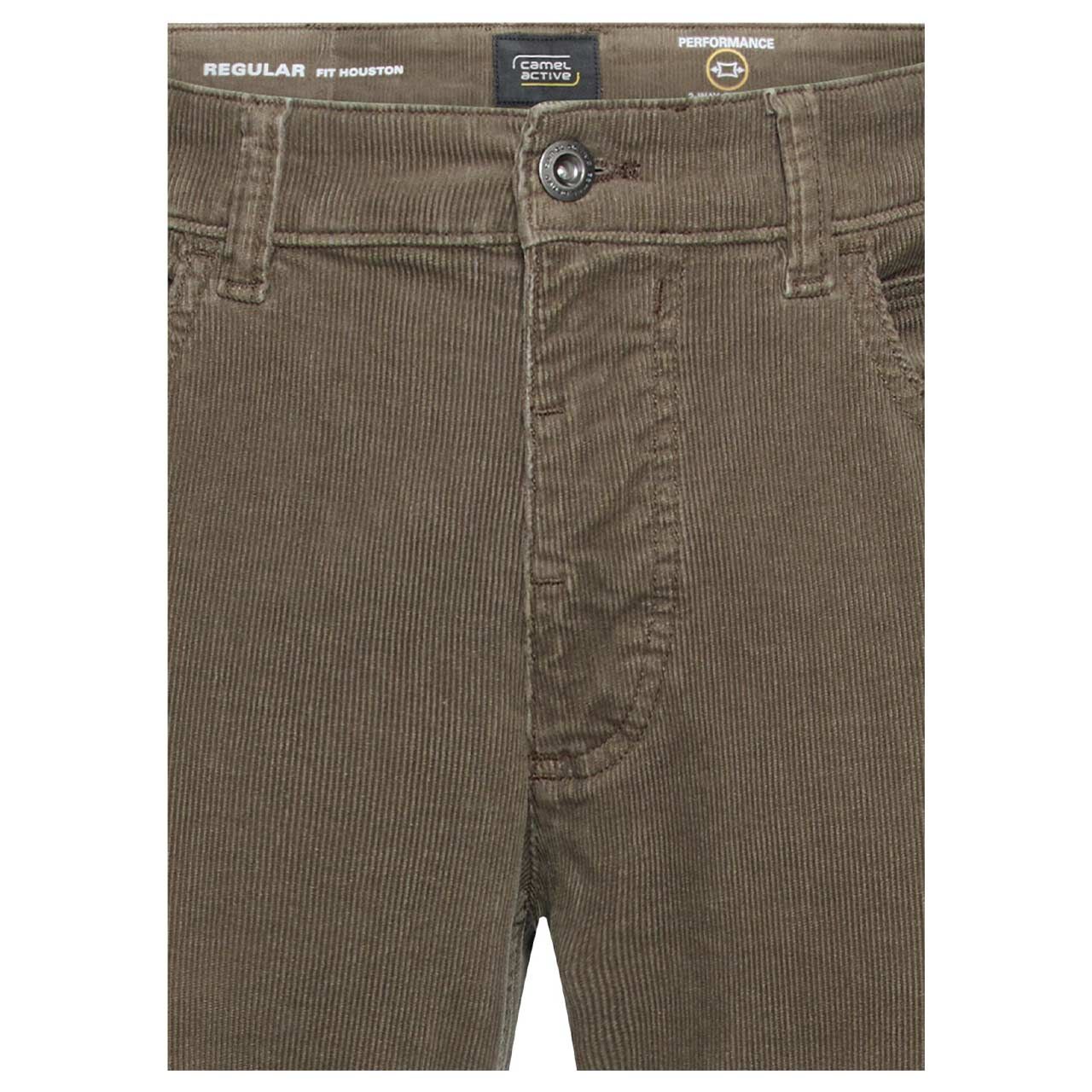Herren Stretch Cordhose Houston von Camel active in Olivgrün, detaillierte Vorderansicht