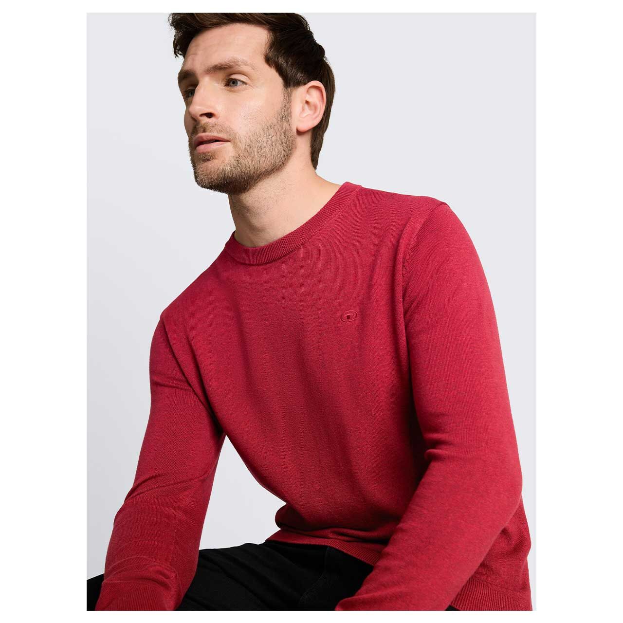 Herren Pullover Basic Crewneck Knit von Tom Tailor in Rot meliert, Detailansicht vorne am Model
