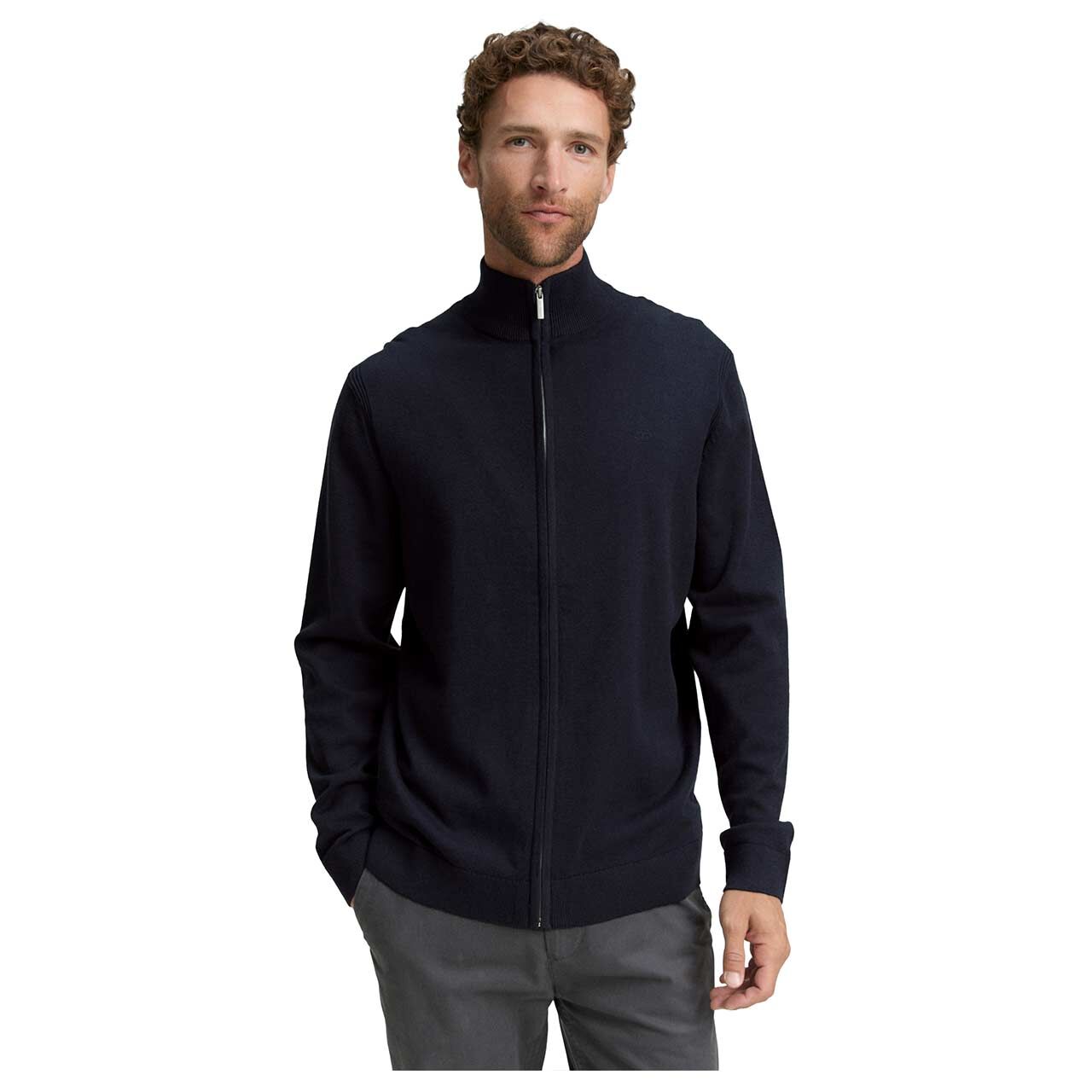 Herren Strickjacke Basic Knit Jacket von Tom tailor in Dunkelblau meliert, Vorderansicht am Model
