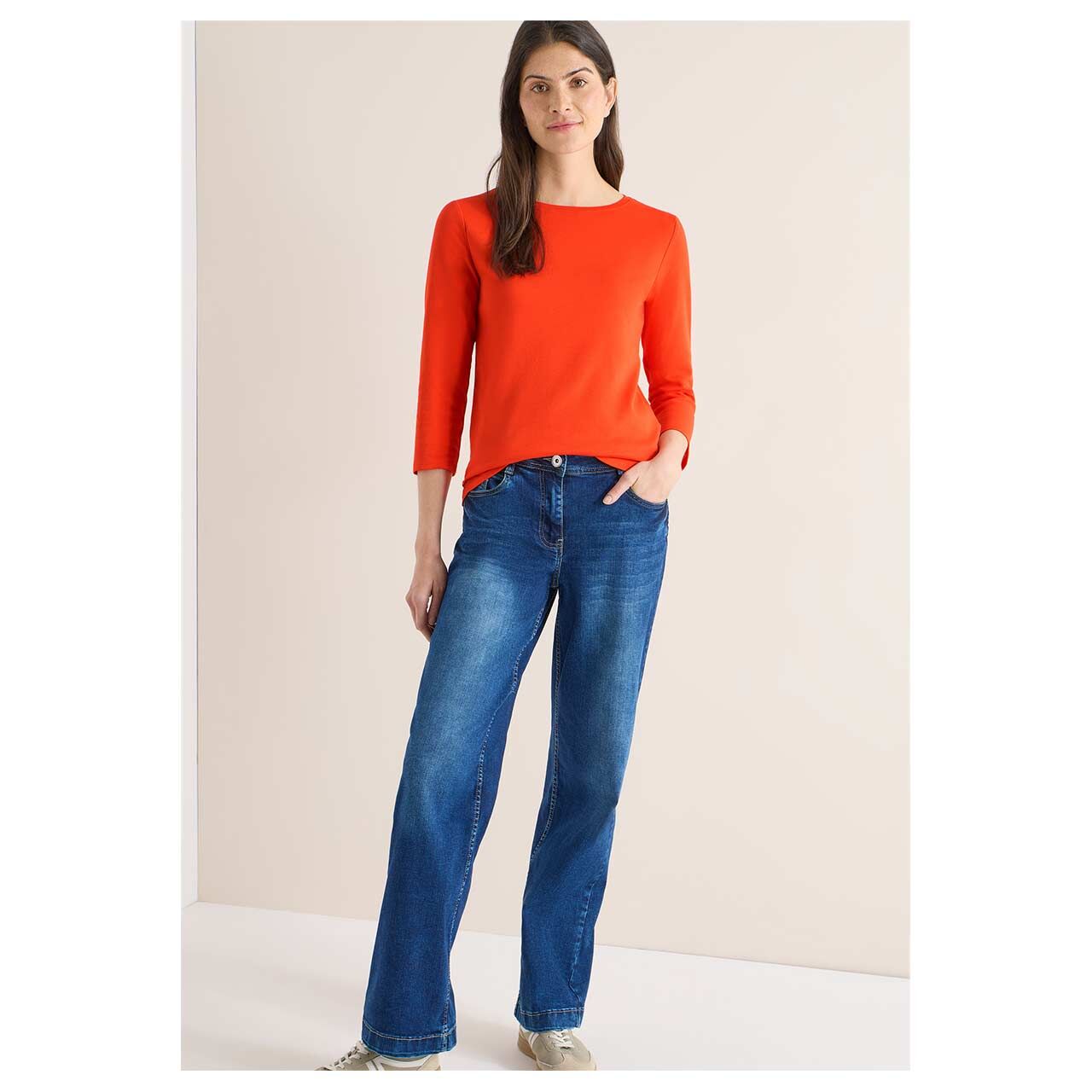 Damen 3/4 Arm Shirt Basic Boatneck von Cecil in Orange-Rot, Ganzkörperansicht am Model