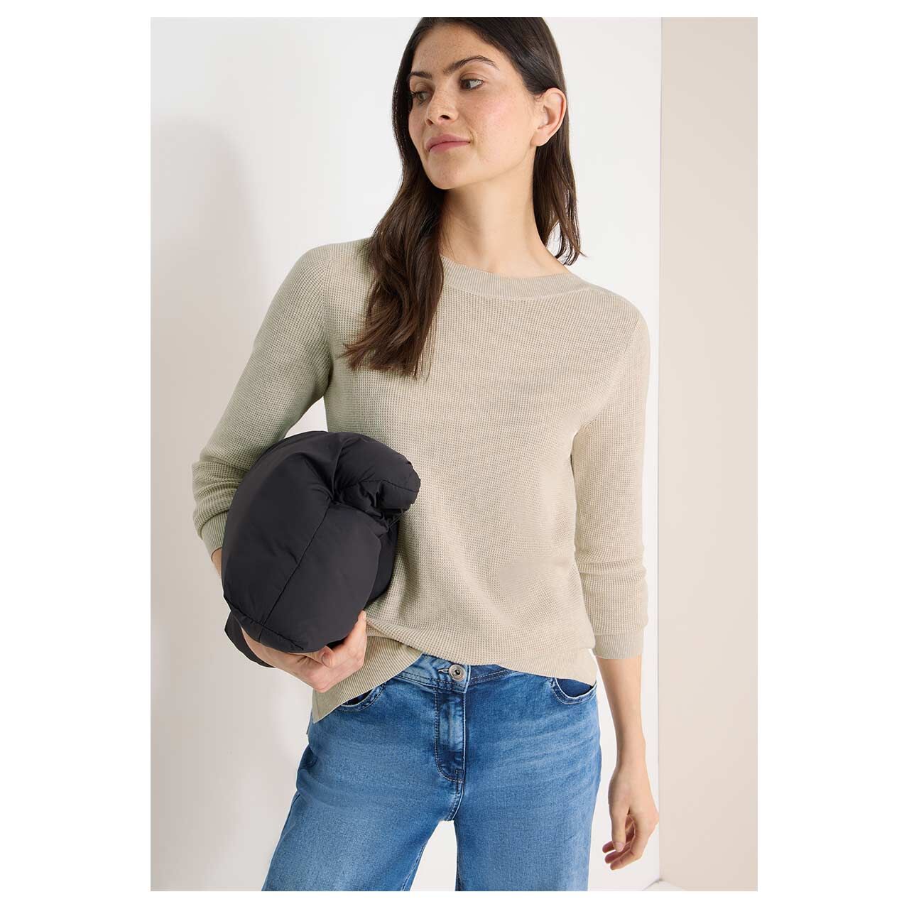 Damen Pullover Structured Boatneck in Beige meliert, Vorderansicht am Model