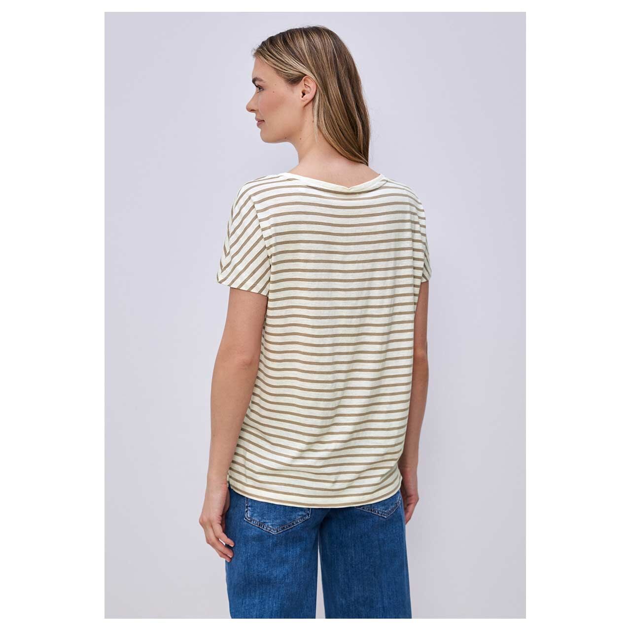 Damen T-Shirt Striped Chest Print von Street One in Beige gestreift, Rückansicht am Model