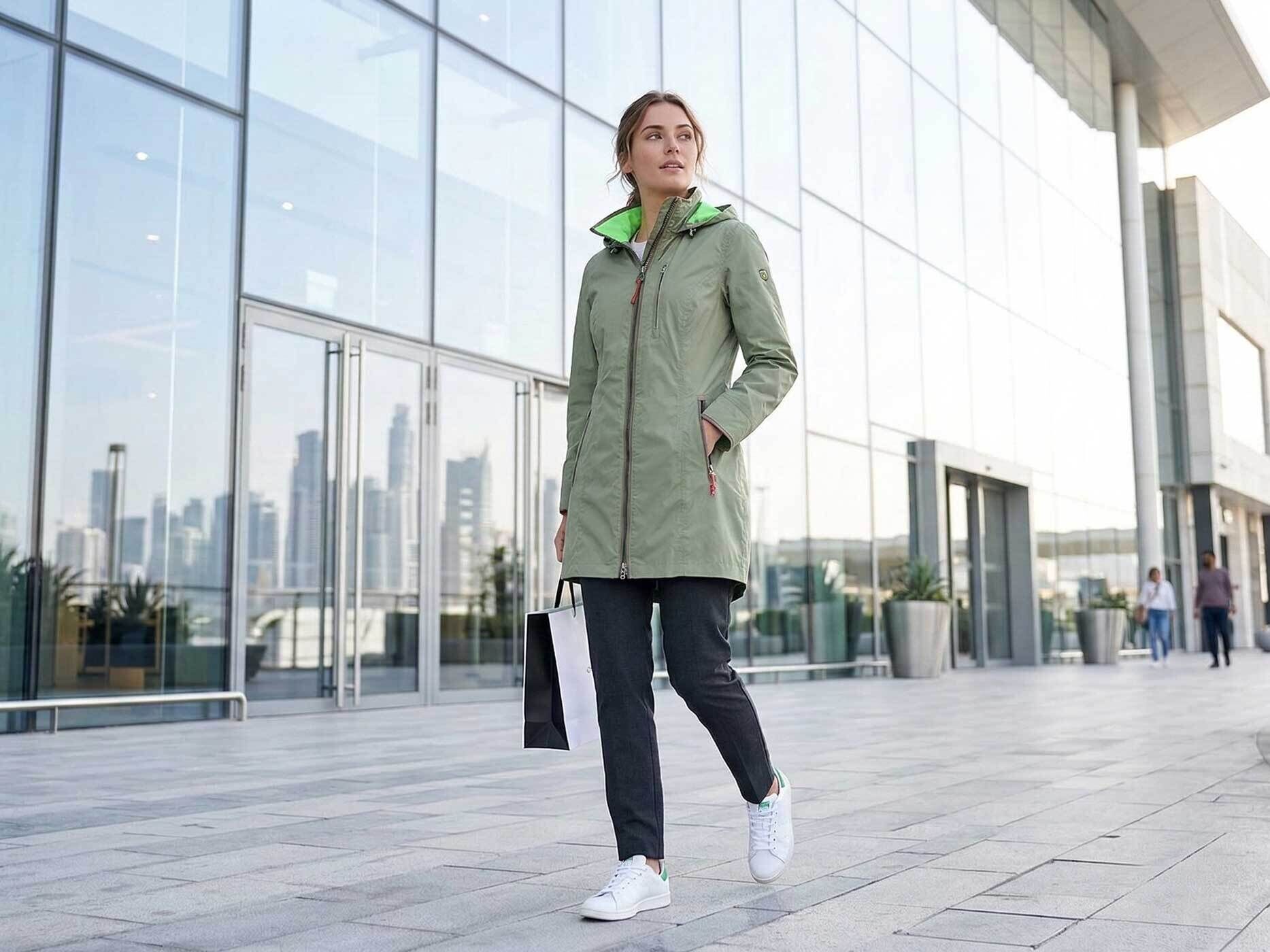 Frau trägt eine grüne Wellensteyn Westside Damen Übergangsjacke vor einer Glasfassade