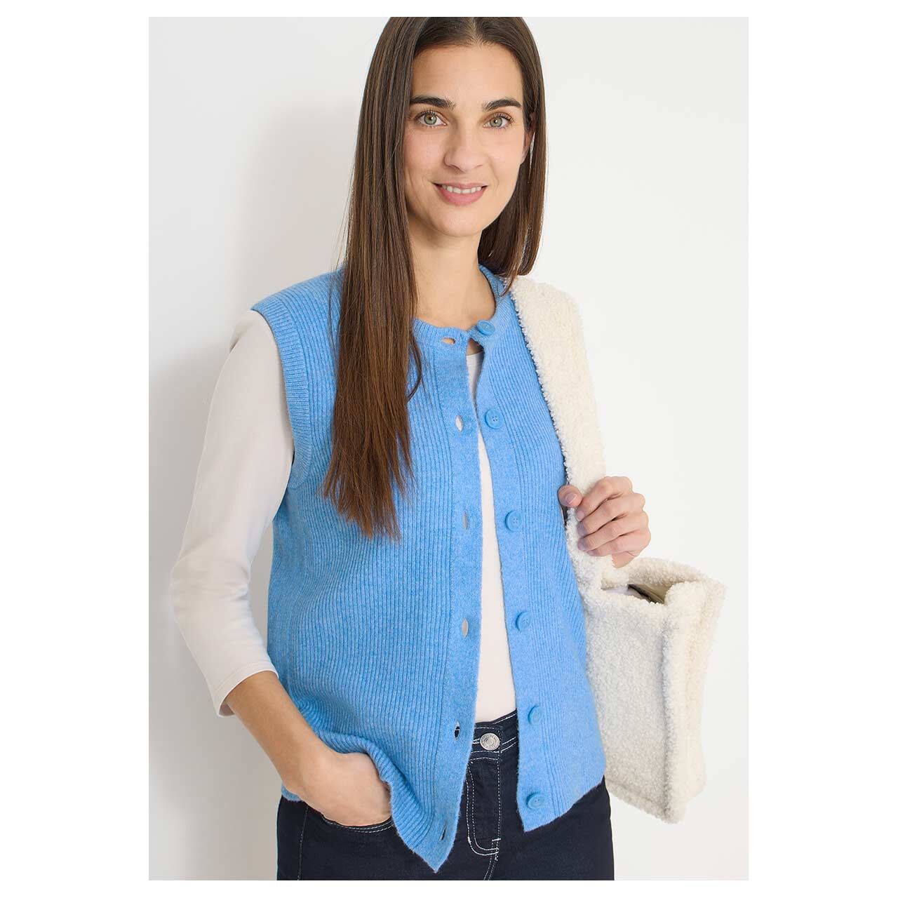 Damen Strickweste Rib Mix von Cecil in Blau meliert, Vorderansicht am Model