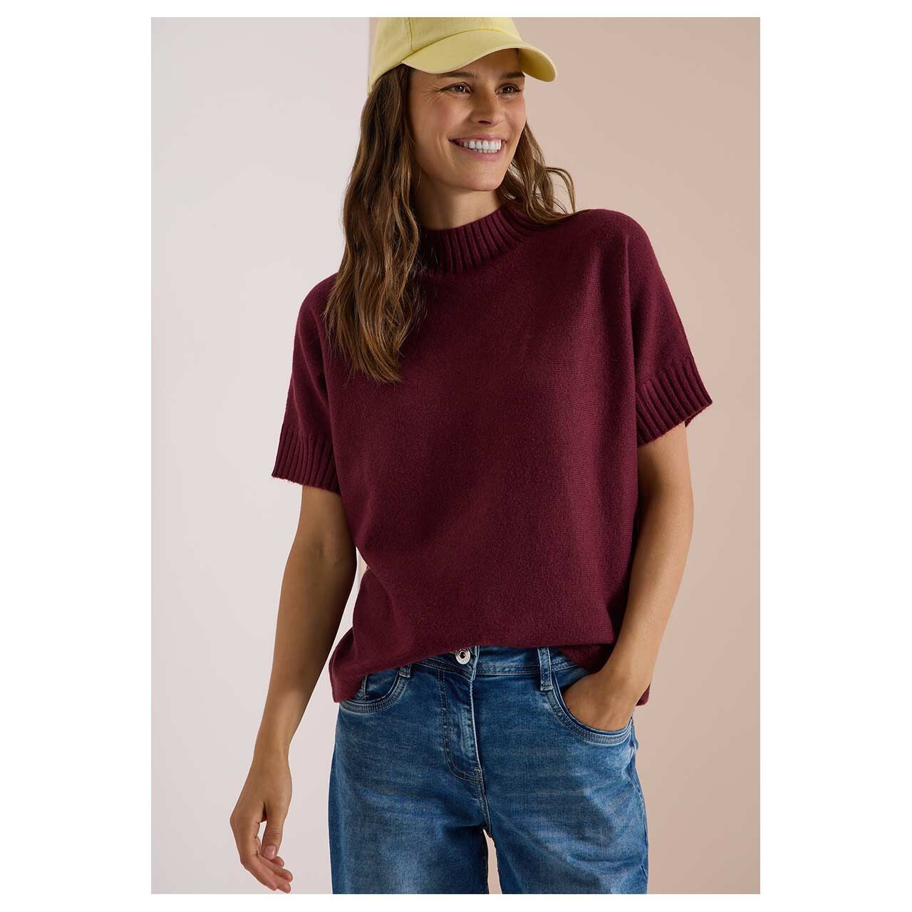Damen Kurzarm Pullover Shortsleeve Dolman von Cecil in Weinrot, detaillierte Ansicht am Model